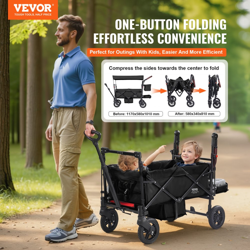 VEVOR Carro Plegable de 2 Asientos Carga de 25kg Cochecito con Asa Ajustable Cinturón de Seguridad Toldo Extraíble Rueda de Freno Carro de Transporte Multifunción para Camping, Playa, Negro