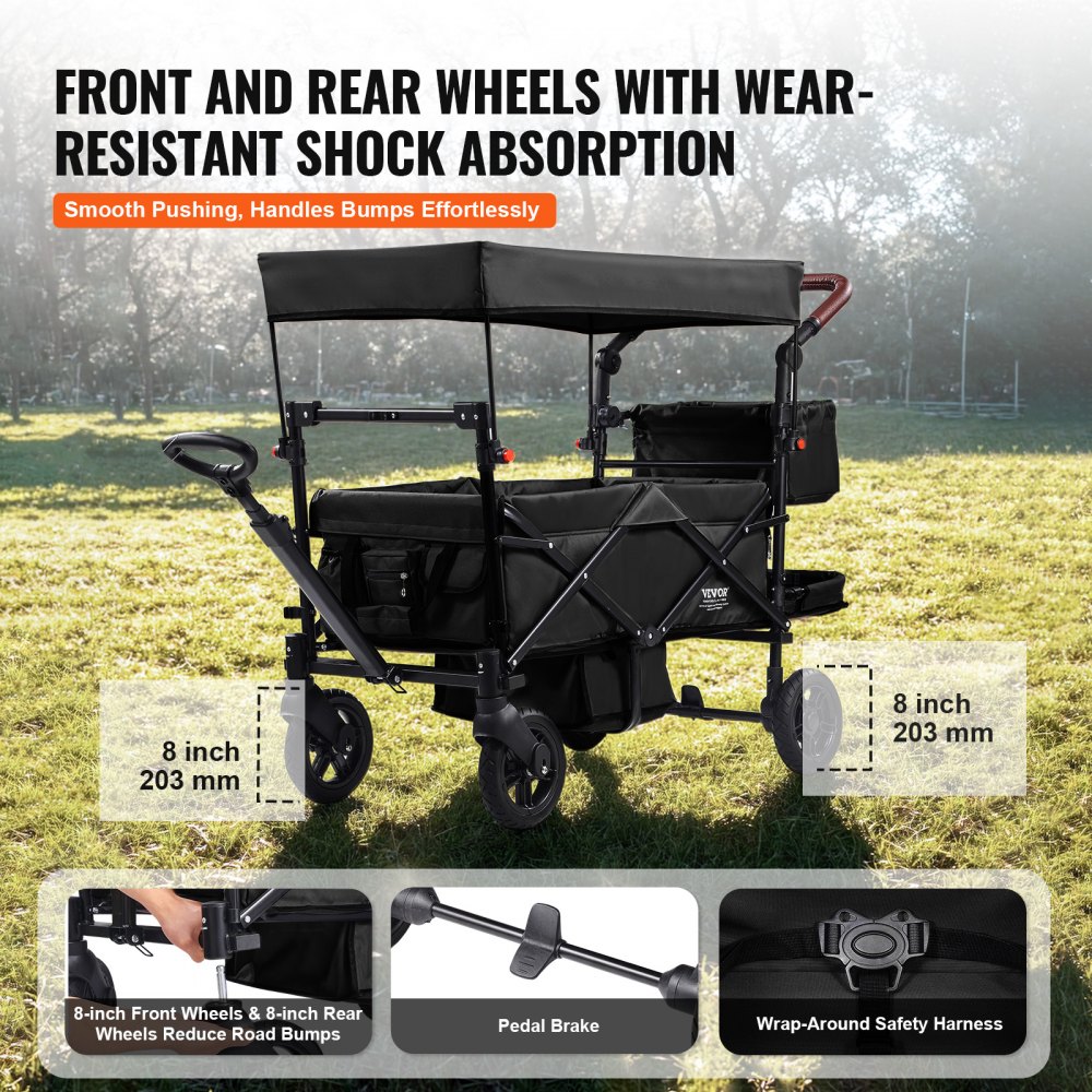 VEVOR Carro Plegable de 2 Asientos Carga de 25kg Cochecito con Asa Ajustable Cinturón de Seguridad Toldo Extraíble Rueda de Freno Carro de Transporte Multifunción para Camping, Playa, Negro