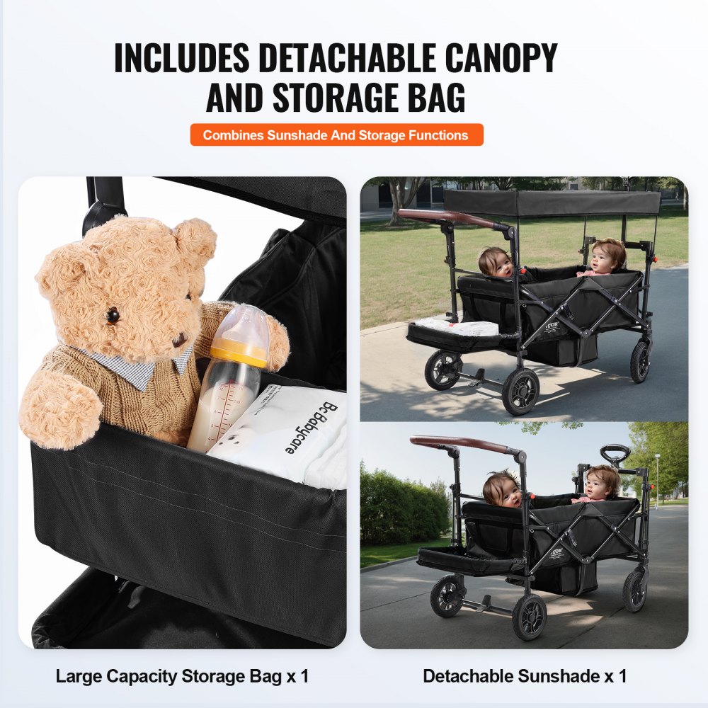 VEVOR Carro Plegable de 2 Asientos Carga de 25kg Cochecito con Asa Ajustable Cinturón de Seguridad Toldo Extraíble Rueda de Freno Carro de Transporte Multifunción para Camping, Playa, Negro