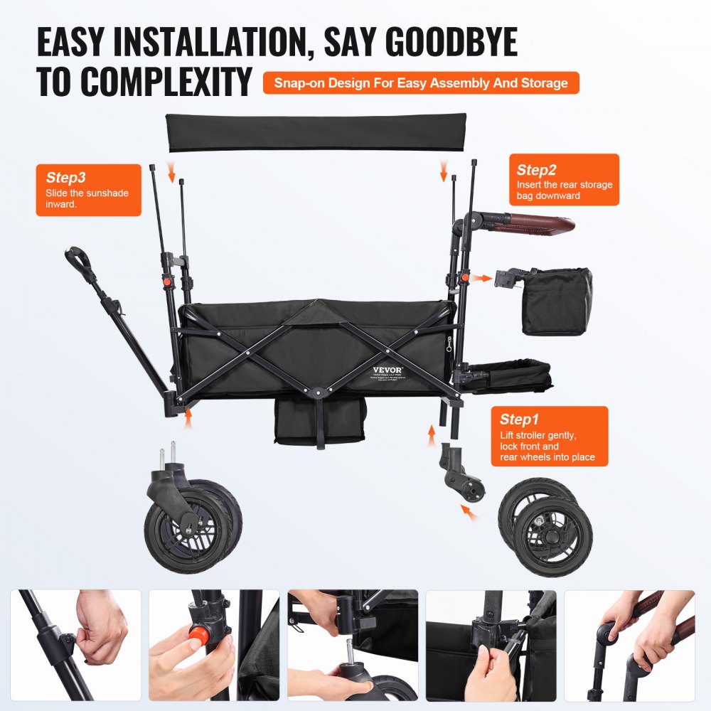 VEVOR Carro Plegable de 2 Asientos Carga de 25kg Cochecito con Asa Ajustable Cinturón de Seguridad Toldo Extraíble Rueda de Freno Carro de Transporte Multifunción para Camping, Playa, Negro