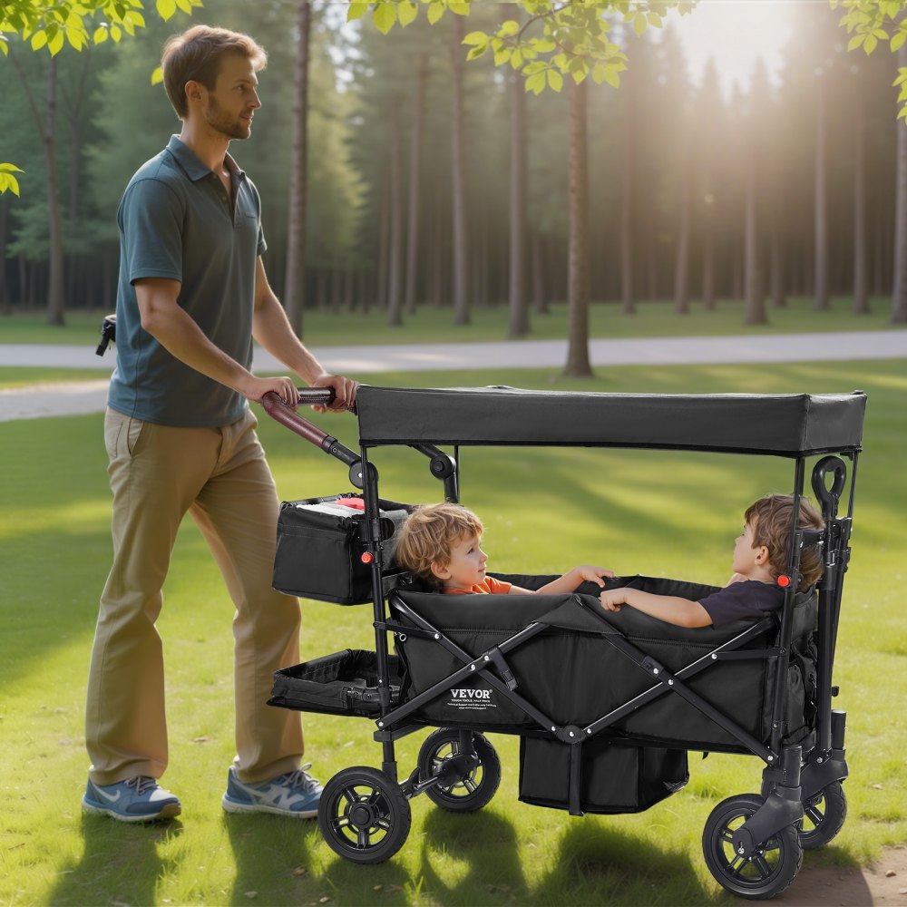 VEVOR Carro Plegable de 2 Asientos Carga de 25kg Cochecito con Asa Ajustable Cinturón de Seguridad Toldo Extraíble Rueda de Freno Carro de Transporte Multifunción para Camping, Playa, Negro