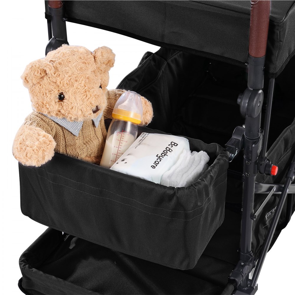 VEVOR Carro Plegable de 2 Asientos Carga de 25kg Cochecito con Asa Ajustable Cinturón de Seguridad Toldo Extraíble Rueda de Freno Carro de Transporte Multifunción para Camping, Playa, Negro
