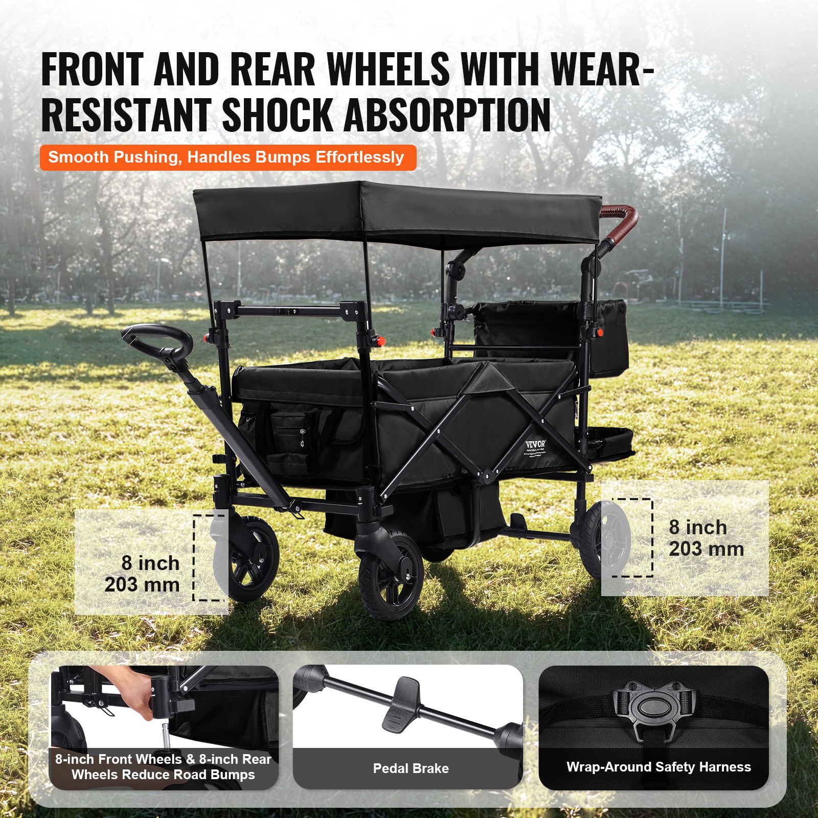 VEVOR Carro Plegable de 2 Asientos Carga de 25kg Cochecito con Asa Ajustable Cinturón de Seguridad Toldo Extraíble Rueda de Freno Carro de Transporte Multifunción para Camping, Playa, Negro