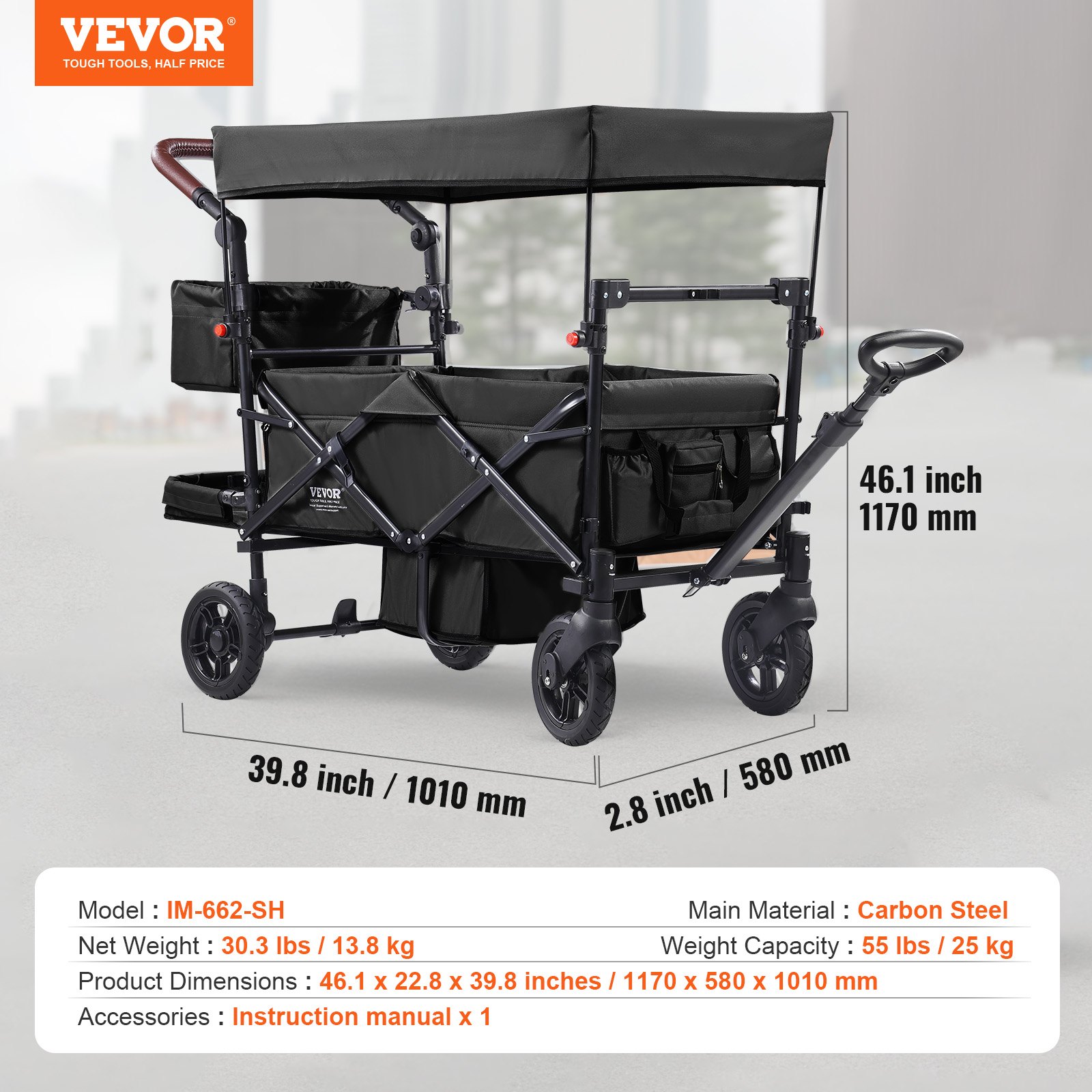 VEVOR Carro Plegable de 2 Asientos Carga de 25kg Cochecito con Asa Ajustable Cinturón de Seguridad Toldo Extraíble Rueda de Freno Carro de Transporte Multifunción para Camping, Playa, Negro