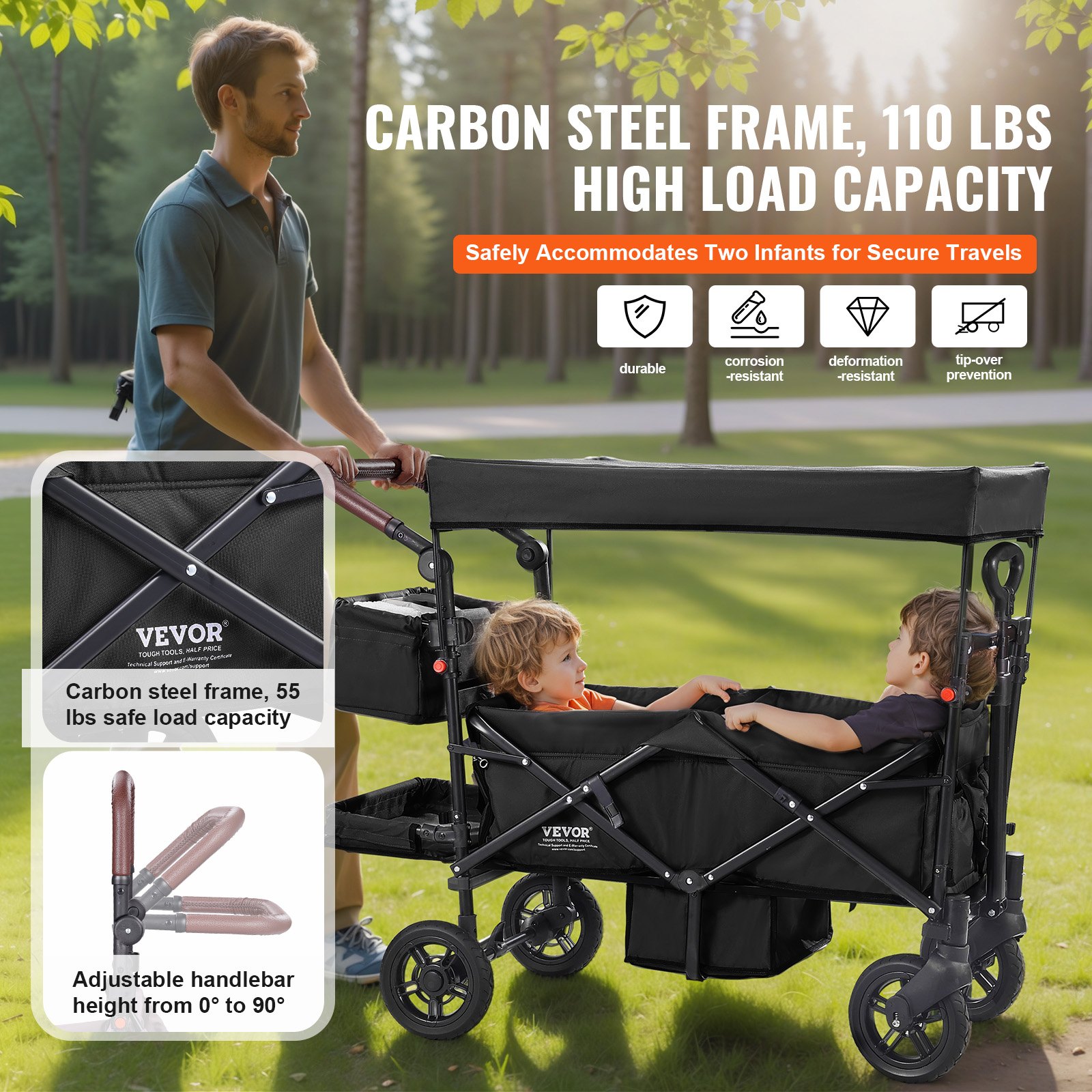 VEVOR Carro Plegable de 2 Asientos Carga de 25kg Cochecito con Asa Ajustable Cinturón de Seguridad Toldo Extraíble Rueda de Freno Carro de Transporte Multifunción para Camping, Playa, Negro