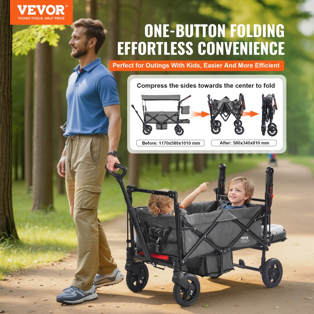 VEVOR Carro Plegable para 2 Niños Carga de 25 kg Cochecito con Asa Ajustable Cinturón de Seguridad Capota Extraíble Rueda de Freno Carrito de Transporte Multifunción para Acampar, Gris Oscuro