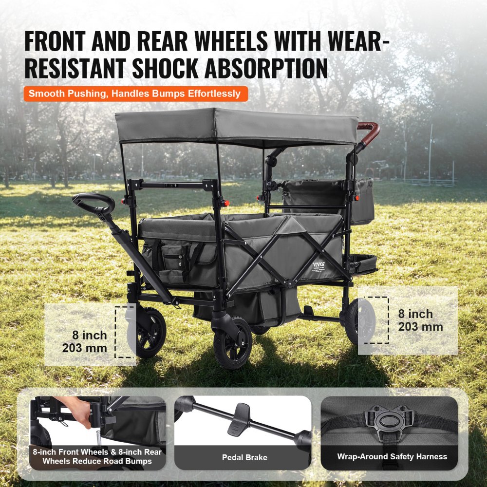 VEVOR Carro Plegable para 2 Niños Carga de 25 kg Cochecito con Asa Ajustable Cinturón de Seguridad Capota Extraíble Rueda de Freno Carrito de Transporte Multifunción para Acampar, Gris Oscuro