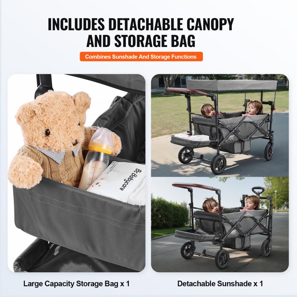 VEVOR Carro Plegable para 2 Niños Carga de 25 kg Cochecito con Asa Ajustable Cinturón de Seguridad Capota Extraíble Rueda de Freno Carrito de Transporte Multifunción para Acampar, Gris Oscuro