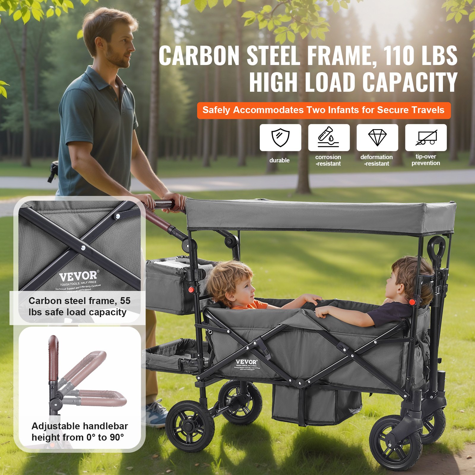 VEVOR Carro Plegable para 2 Niños Carga de 25 kg Cochecito con Asa Ajustable Cinturón de Seguridad Capota Extraíble Rueda de Freno Carrito de Transporte Multifunción para Acampar, Gris Oscuro