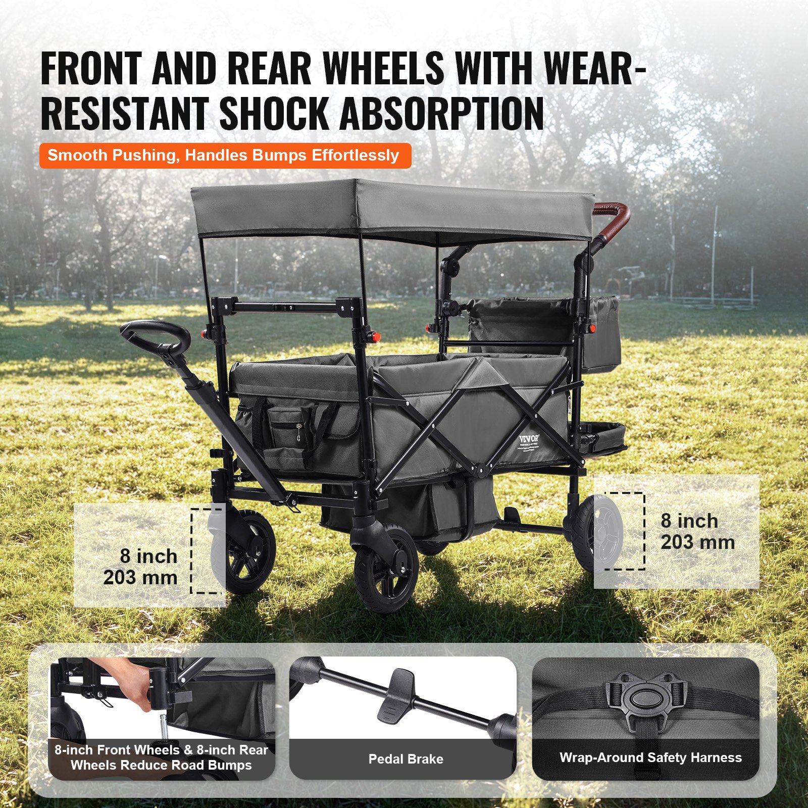VEVOR Carro Plegable para 2 Niños Carga de 25 kg Cochecito con Asa Ajustable Cinturón de Seguridad Capota Extraíble Rueda de Freno Carrito de Transporte Multifunción para Acampar, Gris Oscuro