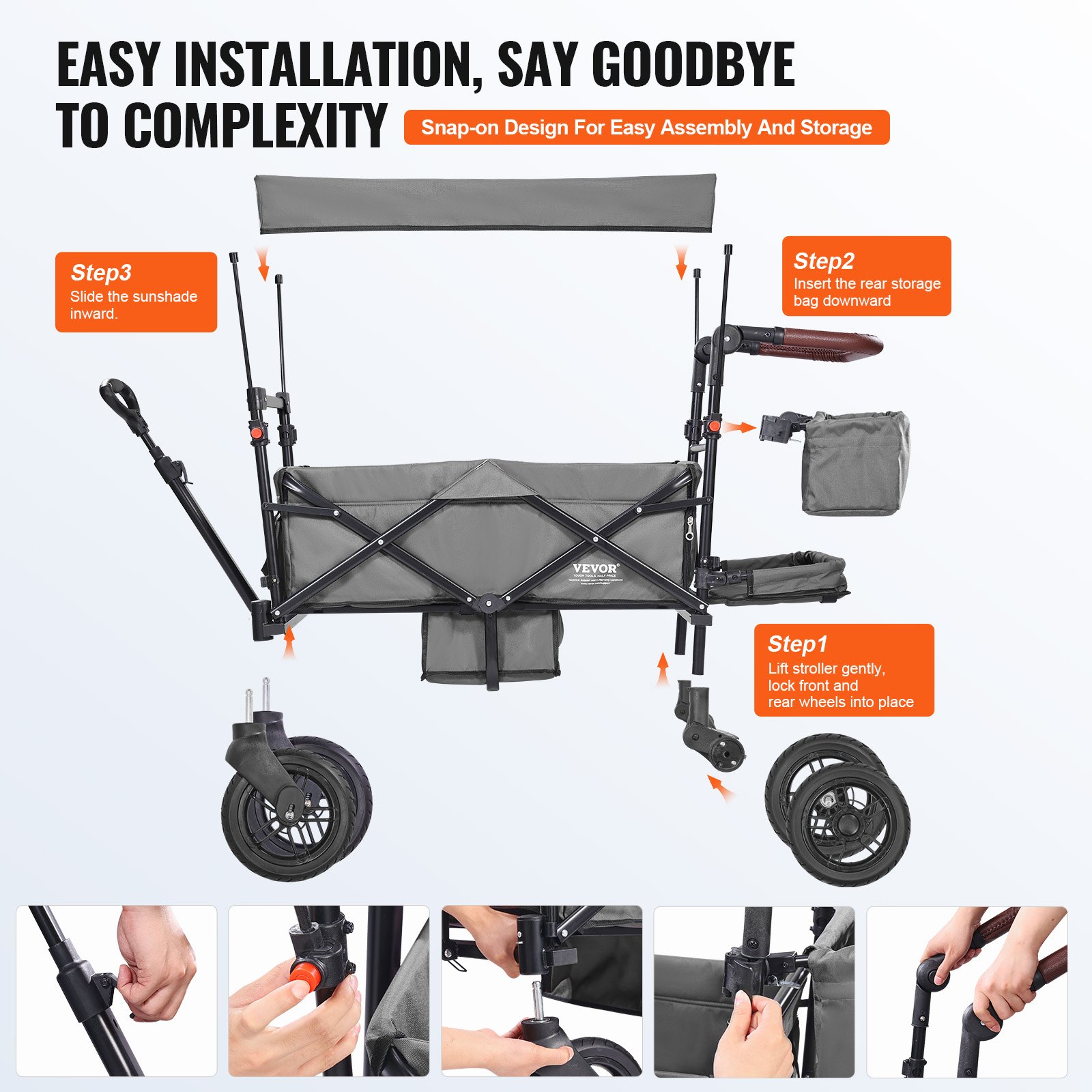 VEVOR Carro Plegable para 2 Niños Carga de 25 kg Cochecito con Asa Ajustable Cinturón de Seguridad Capota Extraíble Rueda de Freno Carrito de Transporte Multifunción para Acampar, Gris Oscuro
