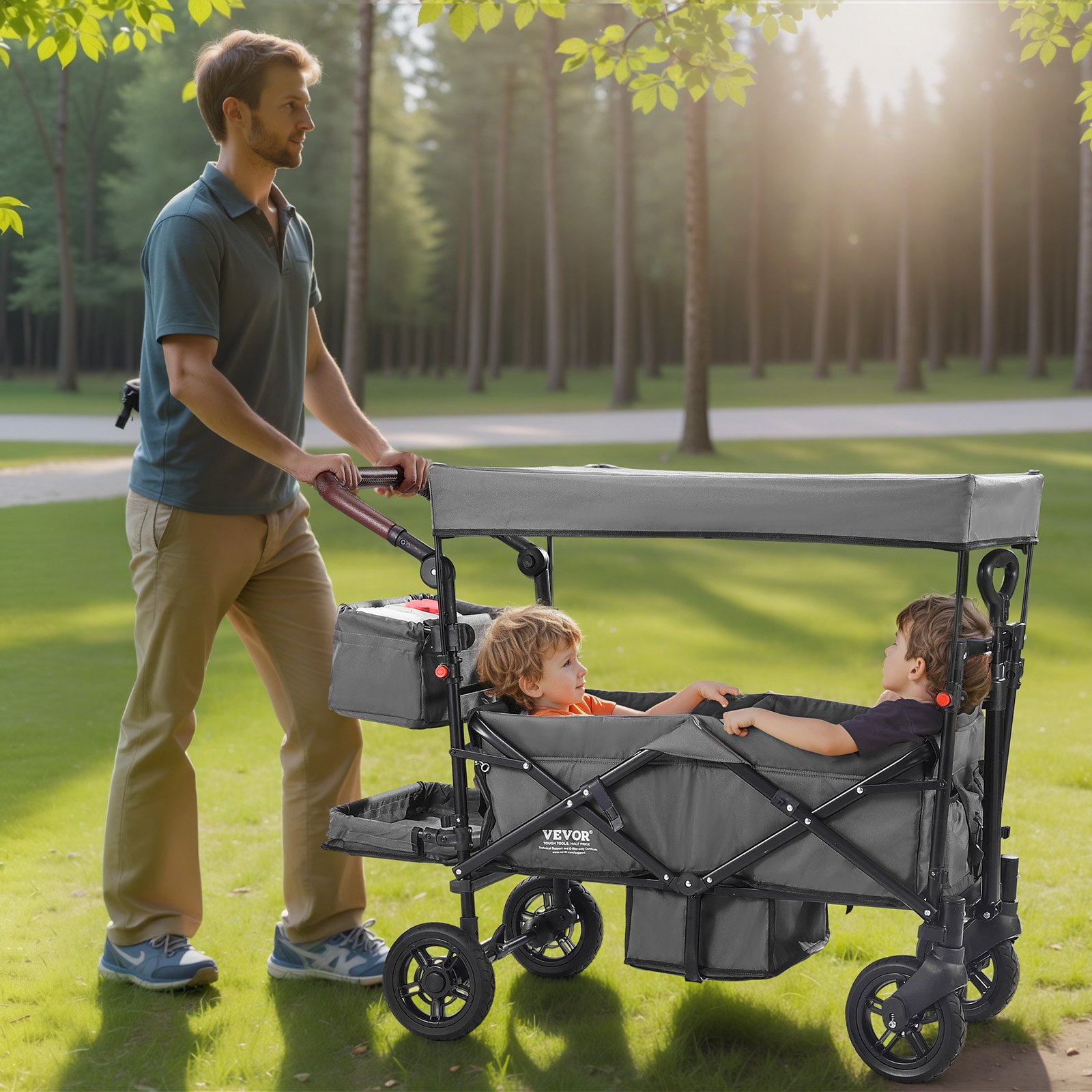 VEVOR Carro Plegable para 2 Niños Carga de 25 kg Cochecito con Asa Ajustable Cinturón de Seguridad Capota Extraíble Rueda de Freno Carrito de Transporte Multifunción para Acampar, Gris Oscuro