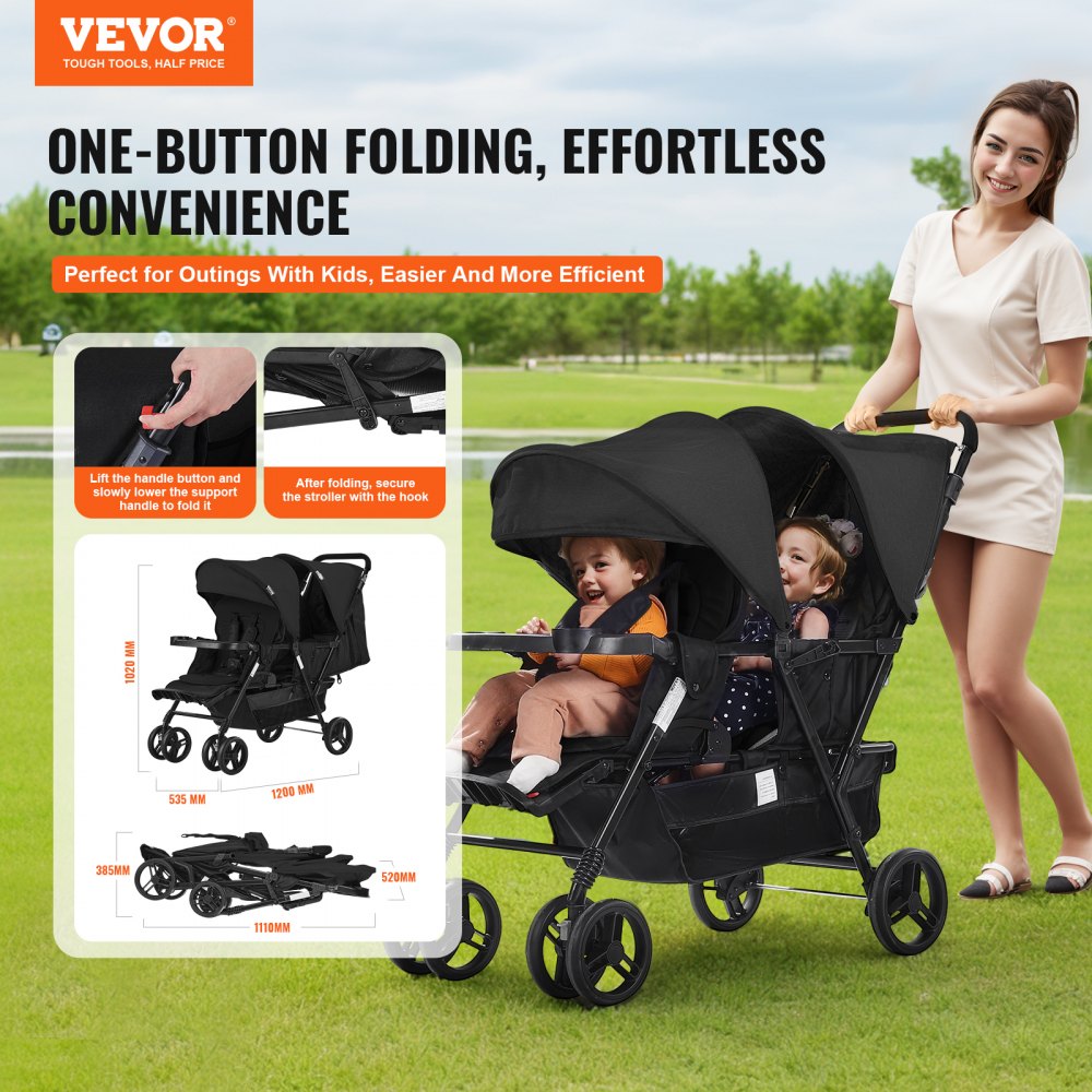 VEVOR Cochecito Doble Ligero y Plegable con Asiento Tándem Respaldo Reposapiés Ajustable Cinturón de Seguridad Envolvente Cesta de Almacenamiento para Recién Nacidos y Niños Pequeños, Negro
