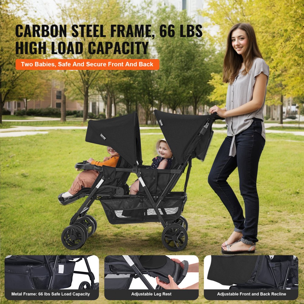 VEVOR Cochecito Doble Ligero y Plegable con Asiento Tándem Respaldo Reposapiés Ajustable Cinturón de Seguridad Envolvente Cesta de Almacenamiento para Recién Nacidos y Niños Pequeños, Negro