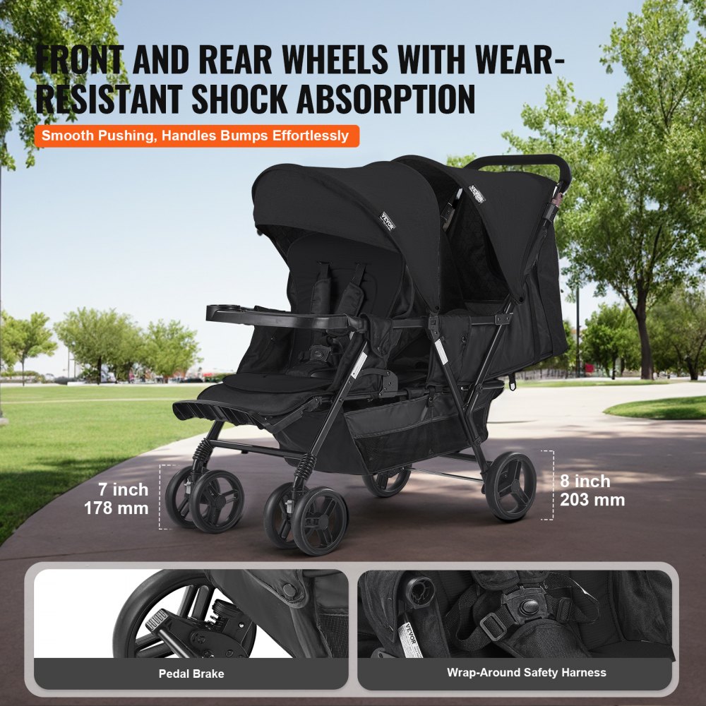 VEVOR Cochecito Doble Ligero y Plegable con Asiento Tándem Respaldo Reposapiés Ajustable Cinturón de Seguridad Envolvente Cesta de Almacenamiento para Recién Nacidos y Niños Pequeños, Negro