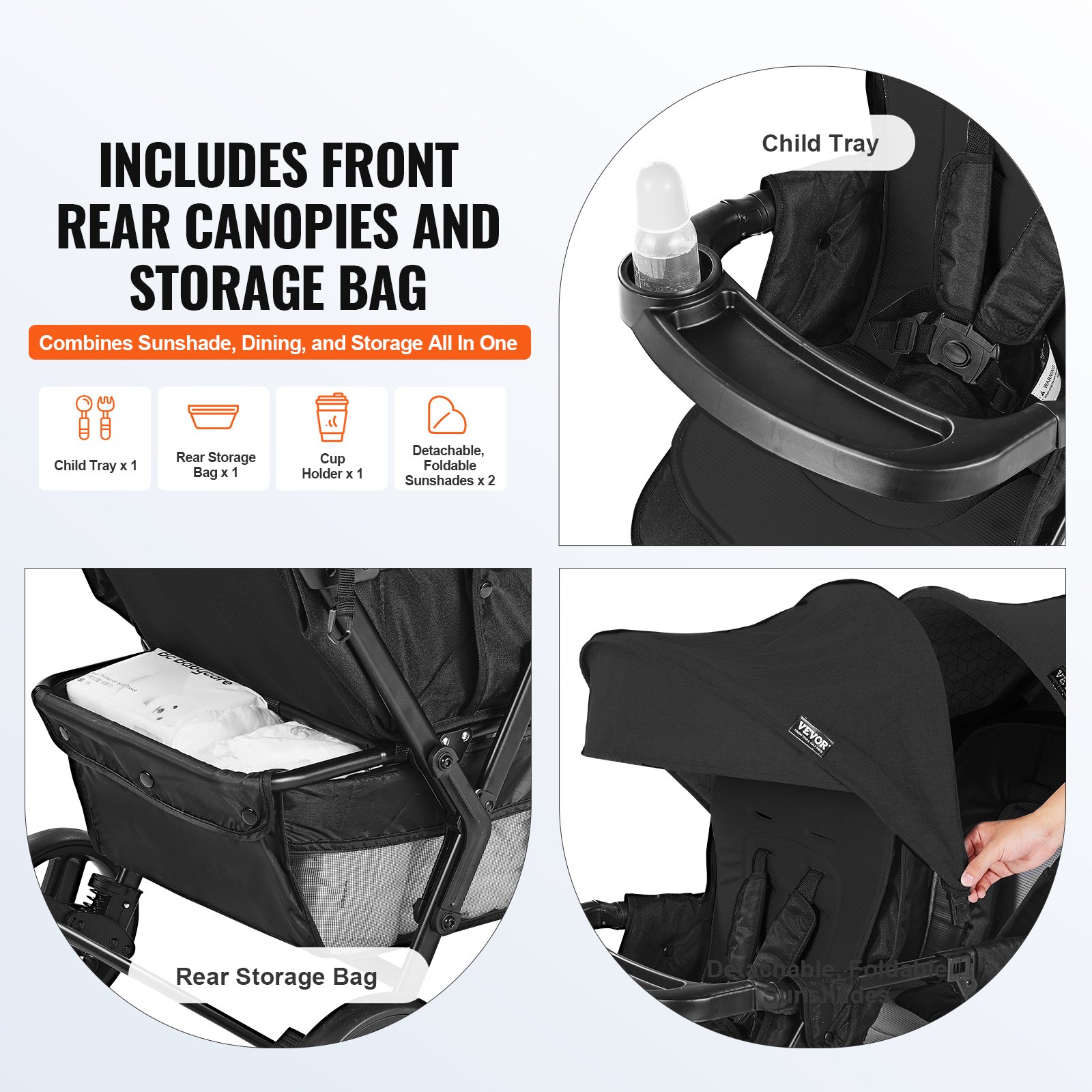 VEVOR Cochecito Doble Ligero y Plegable con Asiento Tándem Respaldo Reposapiés Ajustable Cinturón de Seguridad Envolvente Cesta de Almacenamiento para Recién Nacidos y Niños Pequeños, Negro