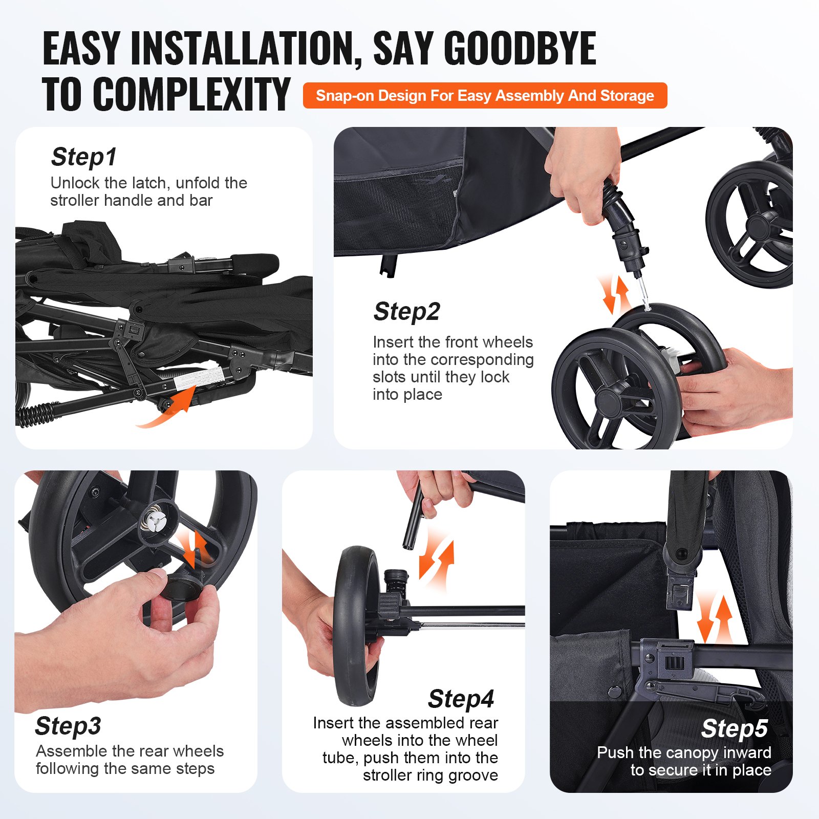VEVOR Cochecito Doble Ligero y Plegable con Asiento Tándem Respaldo Reposapiés Ajustable Cinturón de Seguridad Envolvente Cesta de Almacenamiento para Recién Nacidos y Niños Pequeños, Negro