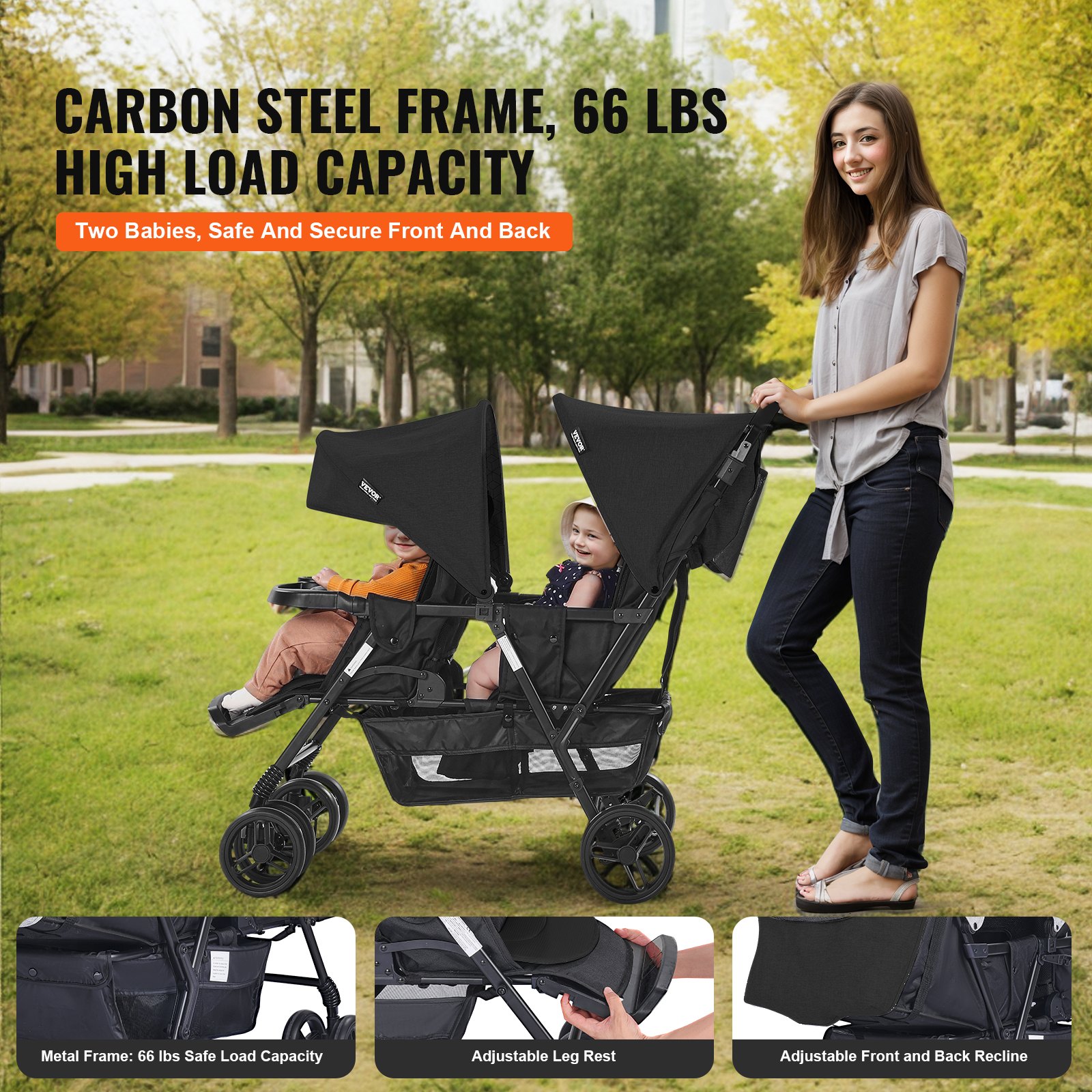VEVOR Cochecito Doble Ligero y Plegable con Asiento Tándem Respaldo Reposapiés Ajustable Cinturón de Seguridad Envolvente Cesta de Almacenamiento para Recién Nacidos y Niños Pequeños, Negro