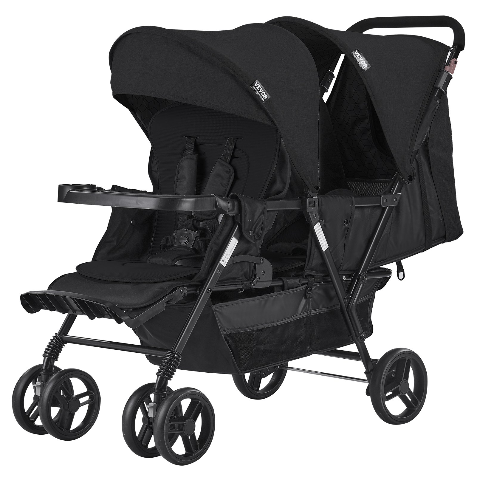 VEVOR Cochecito Doble Ligero y Plegable con Asiento Tándem Respaldo Reposapiés Ajustable Cinturón de Seguridad Envolvente Cesta de Almacenamiento para Recién Nacidos y Niños Pequeños, Negro