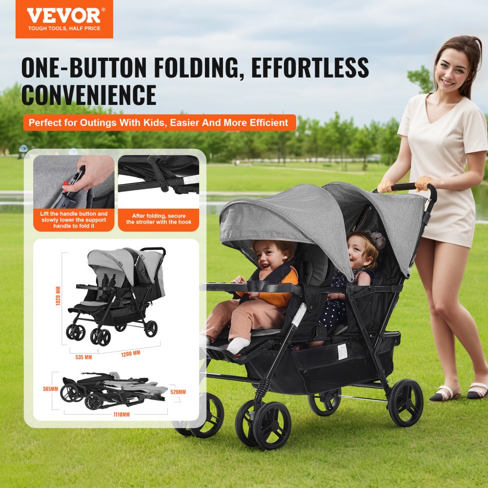 VEVOR Cochecito Doble Ligero y Plegable con Asiento Tándem Respaldo Reposapiés Ajustable Cinturón de Seguridad Envolvente Cesta de Almacenamiento para Recién Nacidos y Niños Pequeños, Gris Oscuro