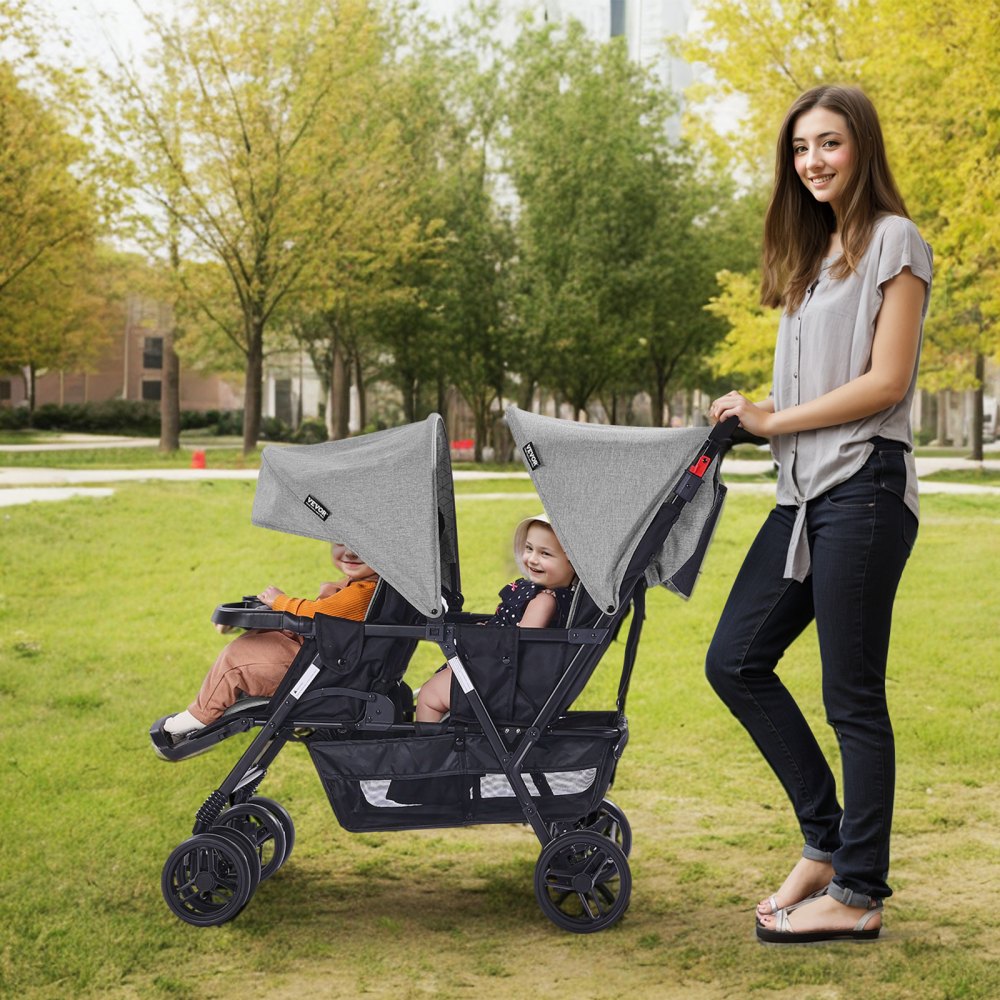 VEVOR Cochecito Doble Ligero y Plegable con Asiento Tándem Respaldo Reposapiés Ajustable Cinturón de Seguridad Envolvente Cesta de Almacenamiento para Recién Nacidos y Niños Pequeños, Gris Oscuro