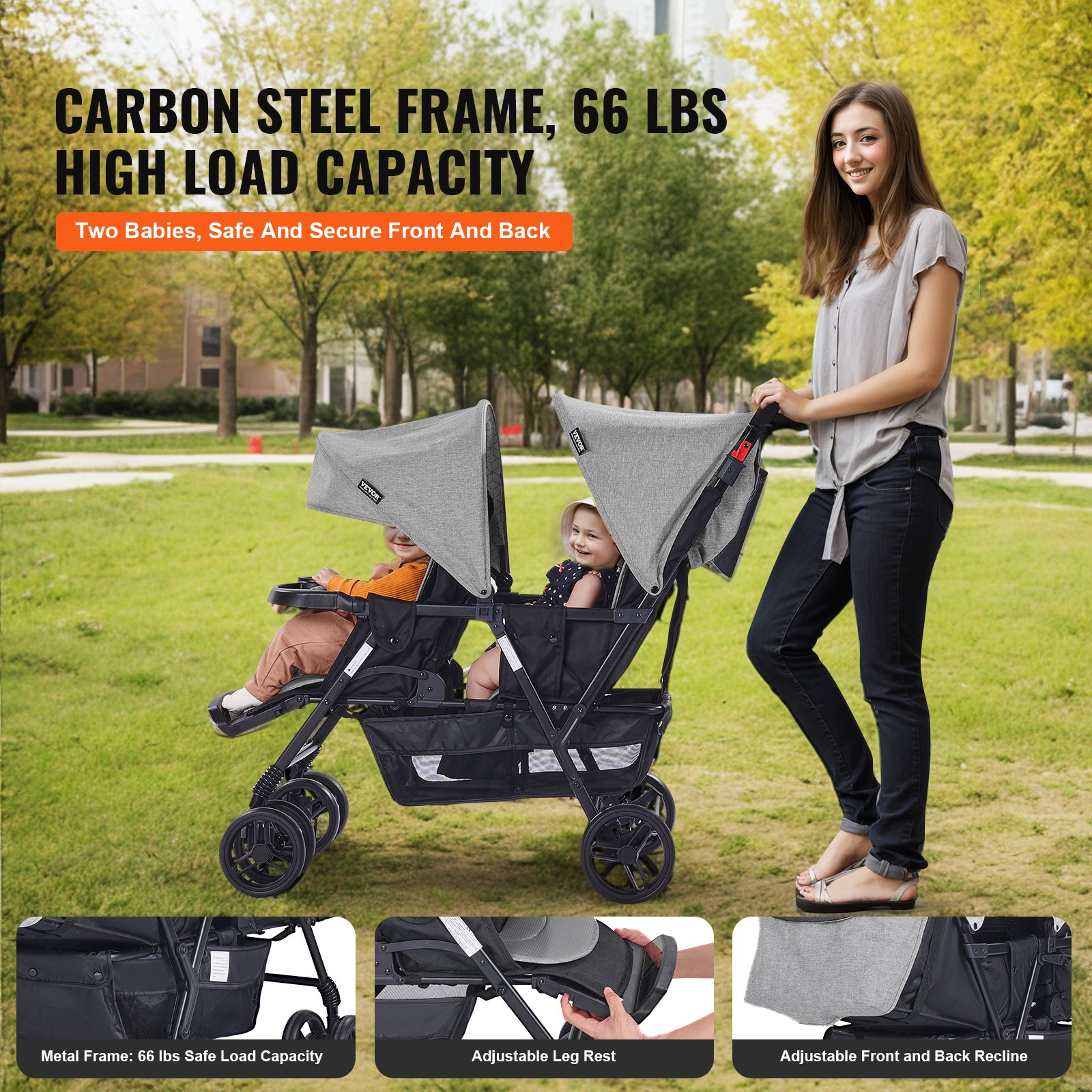 VEVOR Cochecito Doble Ligero y Plegable con Asiento Tándem Respaldo Reposapiés Ajustable Cinturón de Seguridad Envolvente Cesta de Almacenamiento para Recién Nacidos y Niños Pequeños, Gris Oscuro