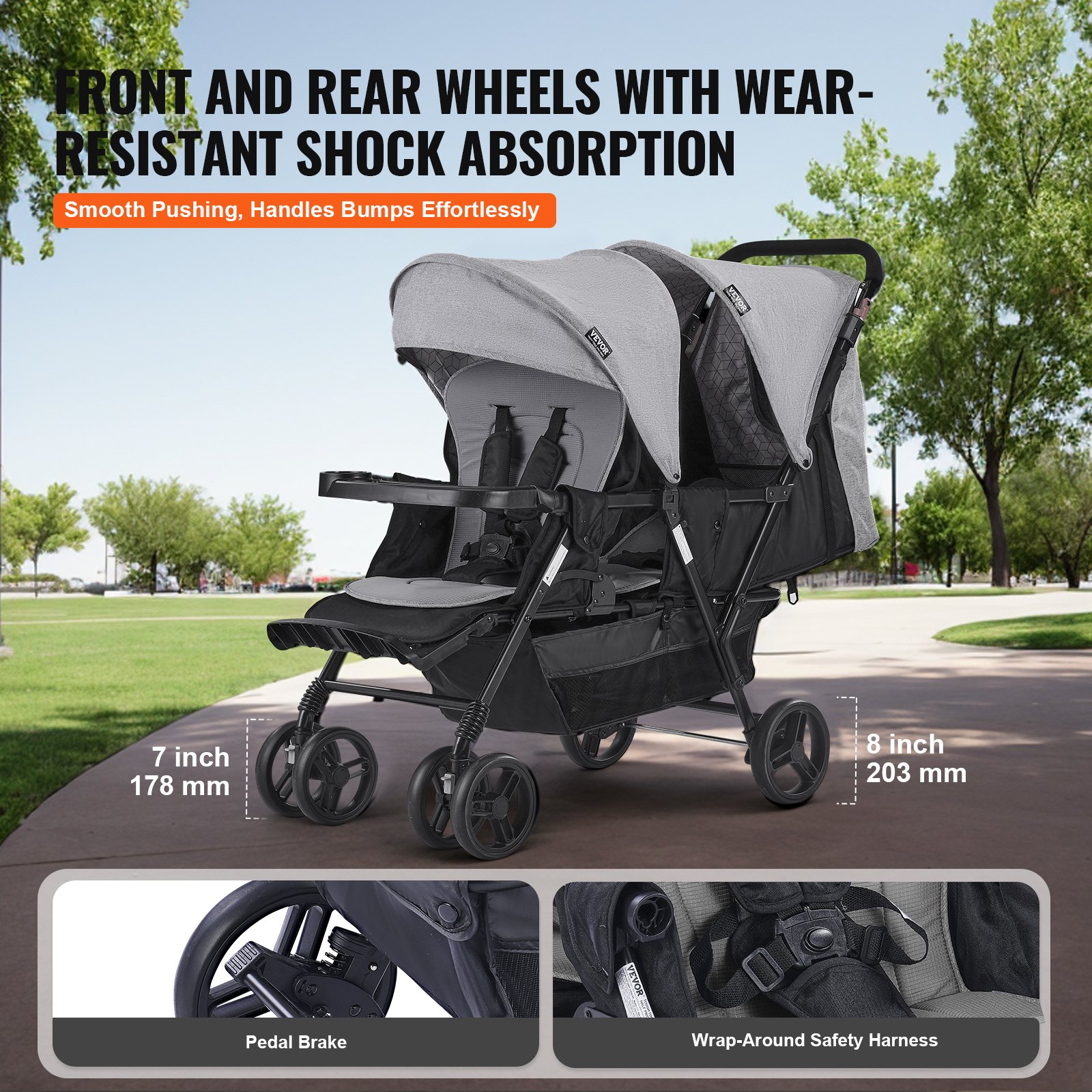 VEVOR Cochecito Doble Ligero y Plegable con Asiento Tándem Respaldo Reposapiés Ajustable Cinturón de Seguridad Envolvente Cesta de Almacenamiento para Recién Nacidos y Niños Pequeños, Gris Oscuro