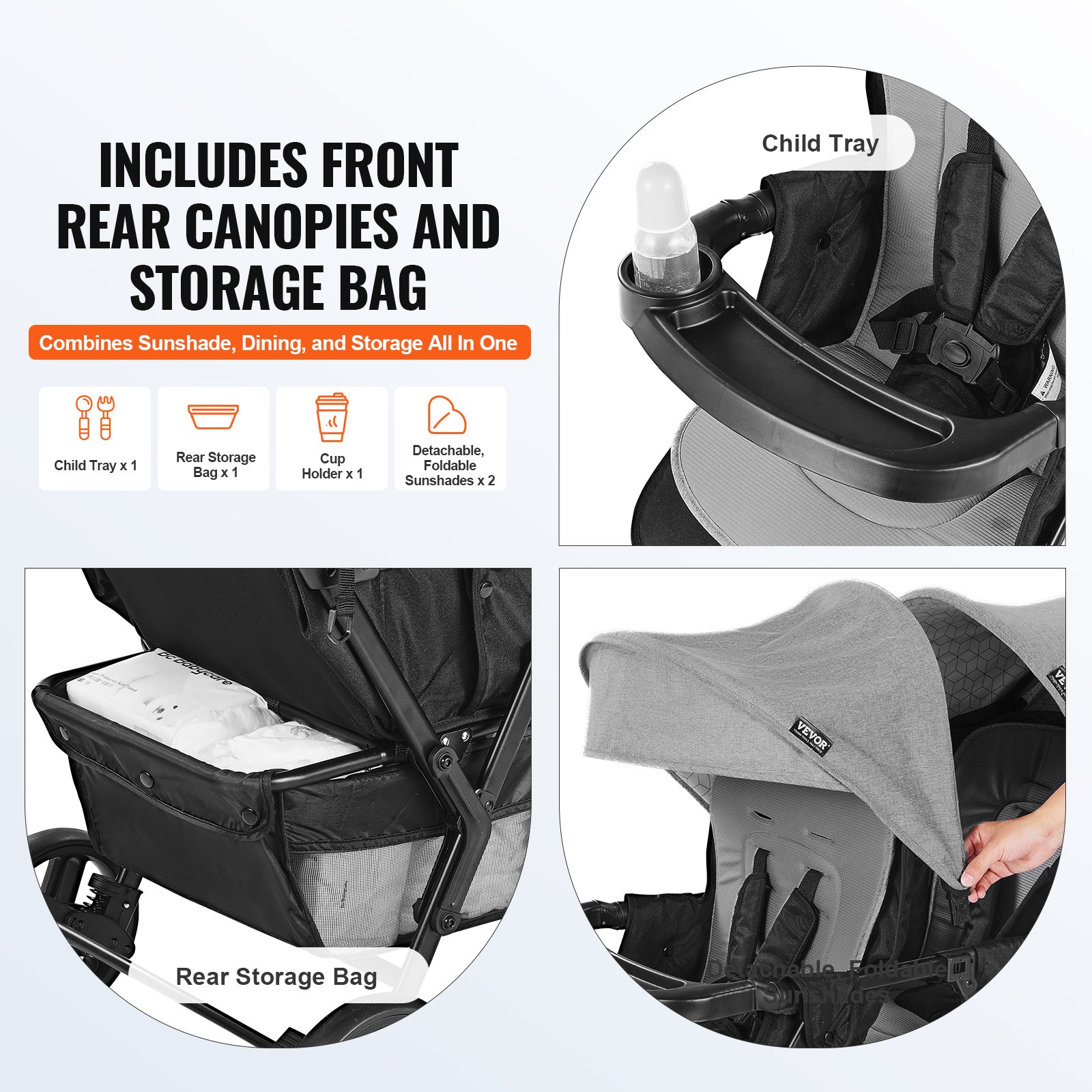 VEVOR Cochecito Doble Ligero y Plegable con Asiento Tándem Respaldo Reposapiés Ajustable Cinturón de Seguridad Envolvente Cesta de Almacenamiento para Recién Nacidos y Niños Pequeños, Gris Oscuro