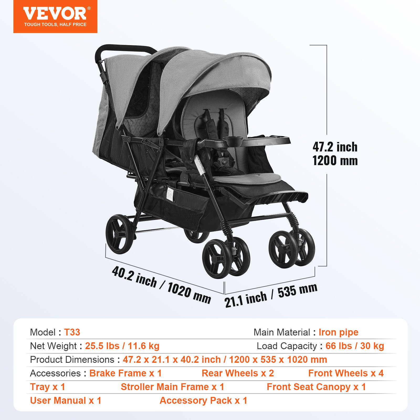 VEVOR Cochecito Doble Ligero y Plegable con Asiento Tándem Respaldo Reposapiés Ajustable Cinturón de Seguridad Envolvente Cesta de Almacenamiento para Recién Nacidos y Niños Pequeños, Gris Oscuro