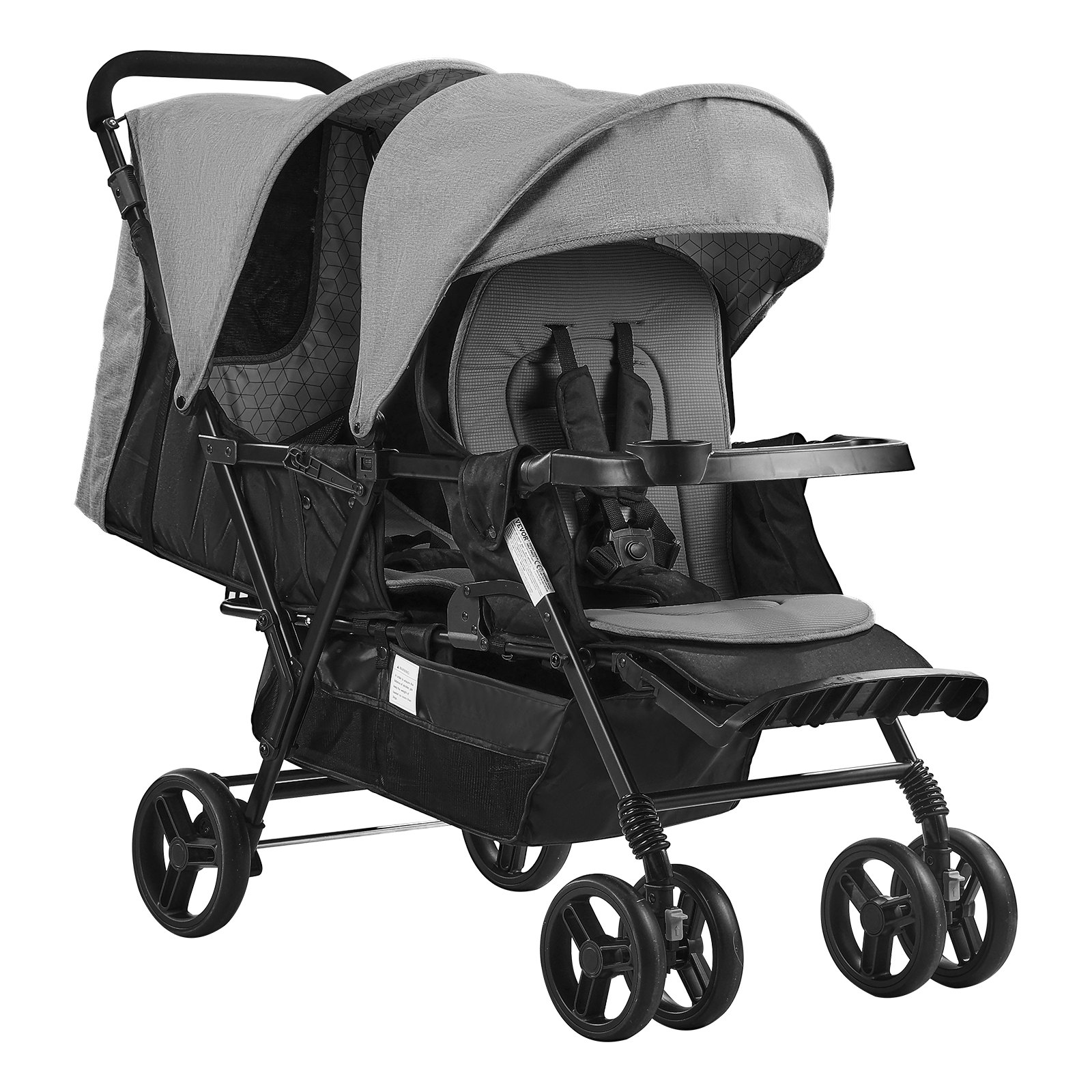 VEVOR Cochecito Doble Ligero y Plegable con Asiento Tándem Respaldo Reposapiés Ajustable Cinturón de Seguridad Envolvente Cesta de Almacenamiento para Recién Nacidos y Niños Pequeños, Gris Oscuro