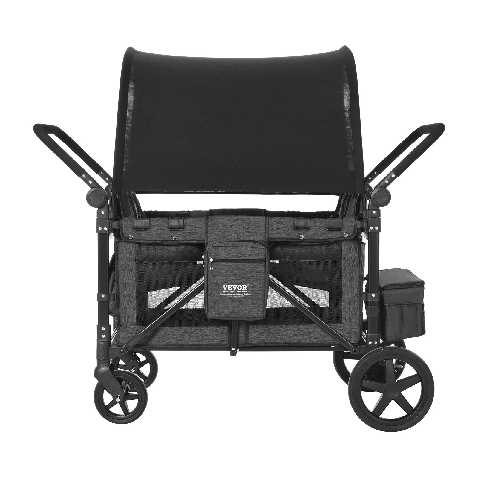 VEVOR Stroller for 4 Children, Push-Pull Travel Buggy with Adjustable Handle, Safety Belt and Removable Canopy, 4-Seater Wagon for Camping, Dark Gray and Black (150 kg Load Capacity)