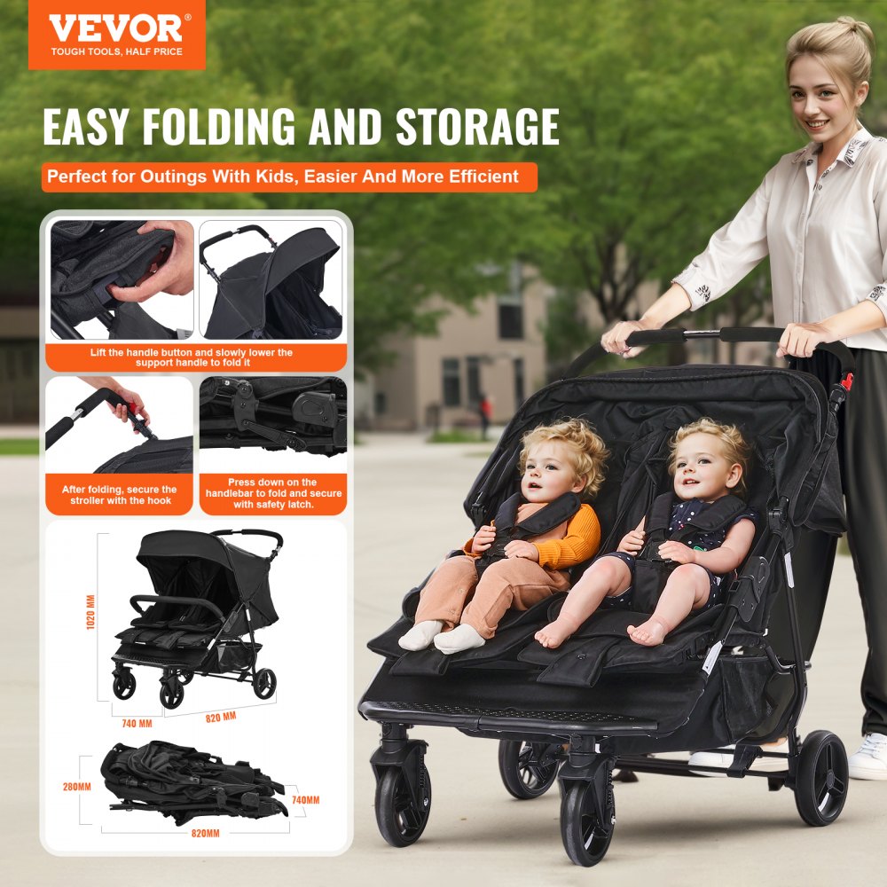 VEVOR Double Stroller, Side x Side, Foldable, Lightweight Twin Stroller with Tandem Seat, Adjustable Footrest/Swivel Handle, All-Around Safety Harness, Storage Basket, for Newborns and Toddlers (Black)