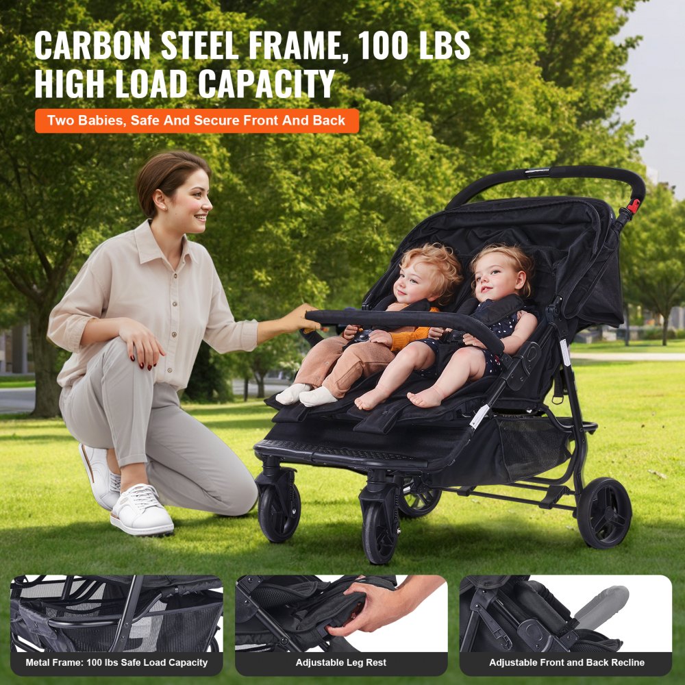 VEVOR Double Stroller, Side x Side, Foldable, Lightweight Twin Stroller with Tandem Seat, Adjustable Footrest/Swivel Handle, All-Around Safety Harness, Storage Basket, for Newborns and Toddlers (Black)