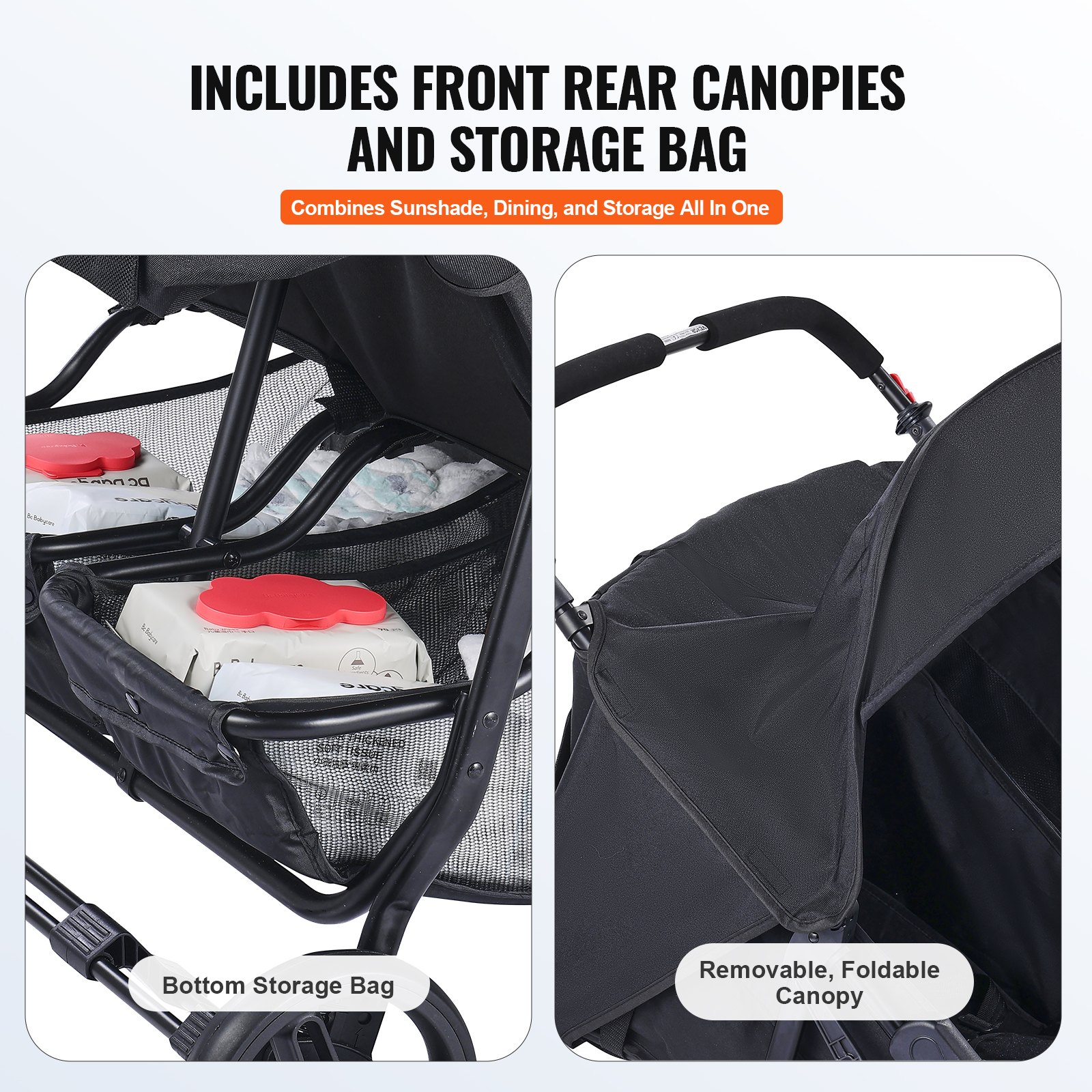 VEVOR Double Stroller, Side x Side, Foldable, Lightweight Twin Stroller with Tandem Seat, Adjustable Footrest/Swivel Handle, All-Around Safety Harness, Storage Basket, for Newborns and Toddlers (Black)