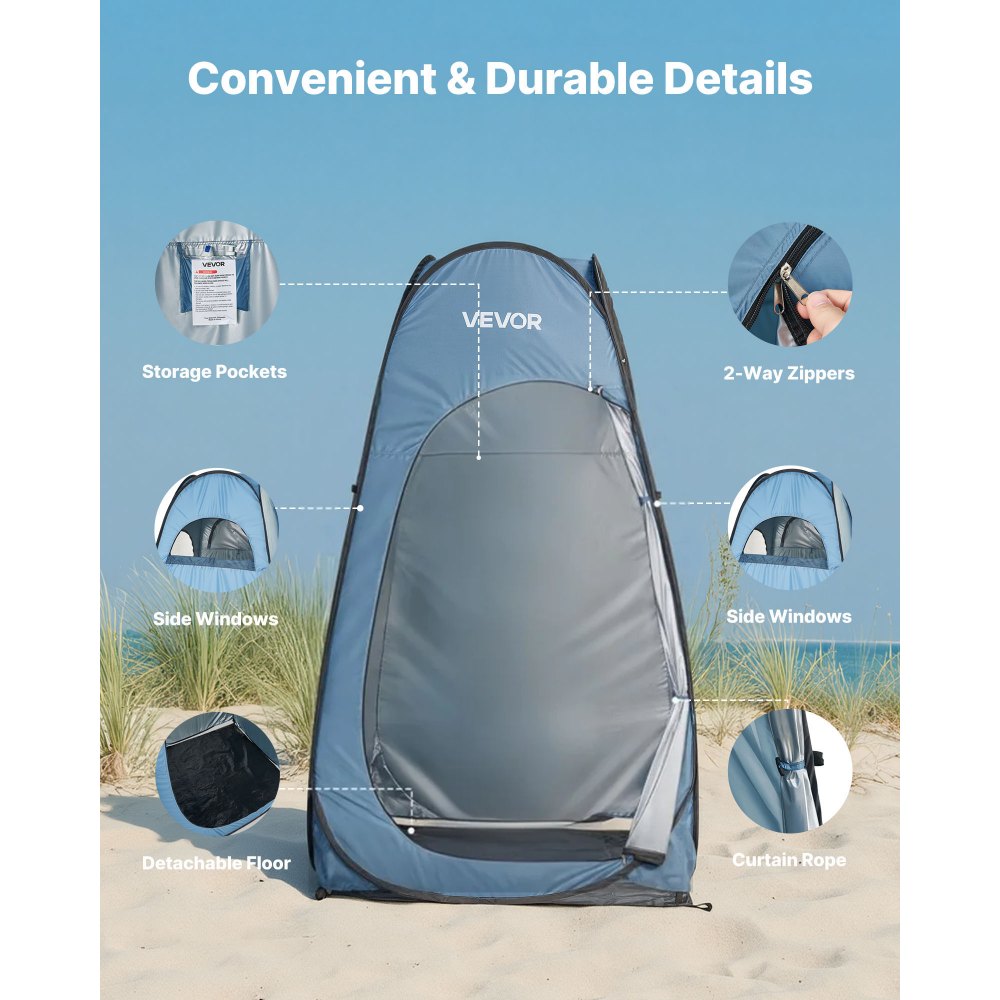 VEVOR Tienda de Privacidad Plegable con Instalación Instantánea y Cambiador, Incluye Piquetas, Cuerdas y Bolsa de Transporte, de Poliéster 190T, para Camping, Playa y Pesca, Azul, 119 x 119 x 210 cm