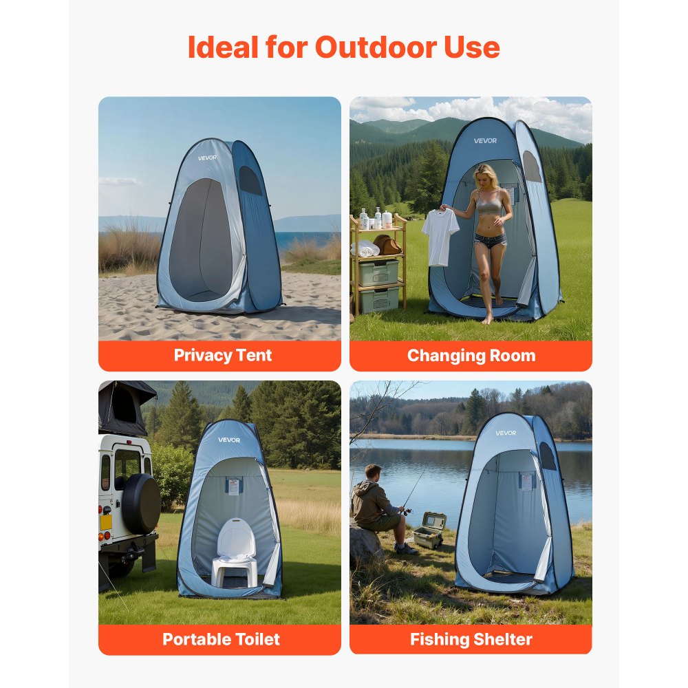 VEVOR Tienda de Privacidad Plegable con Instalación Instantánea y Cambiador, Incluye Piquetas, Cuerdas y Bolsa de Transporte, de Poliéster 190T, para Camping, Playa y Pesca, Azul, 119 x 119 x 210 cm