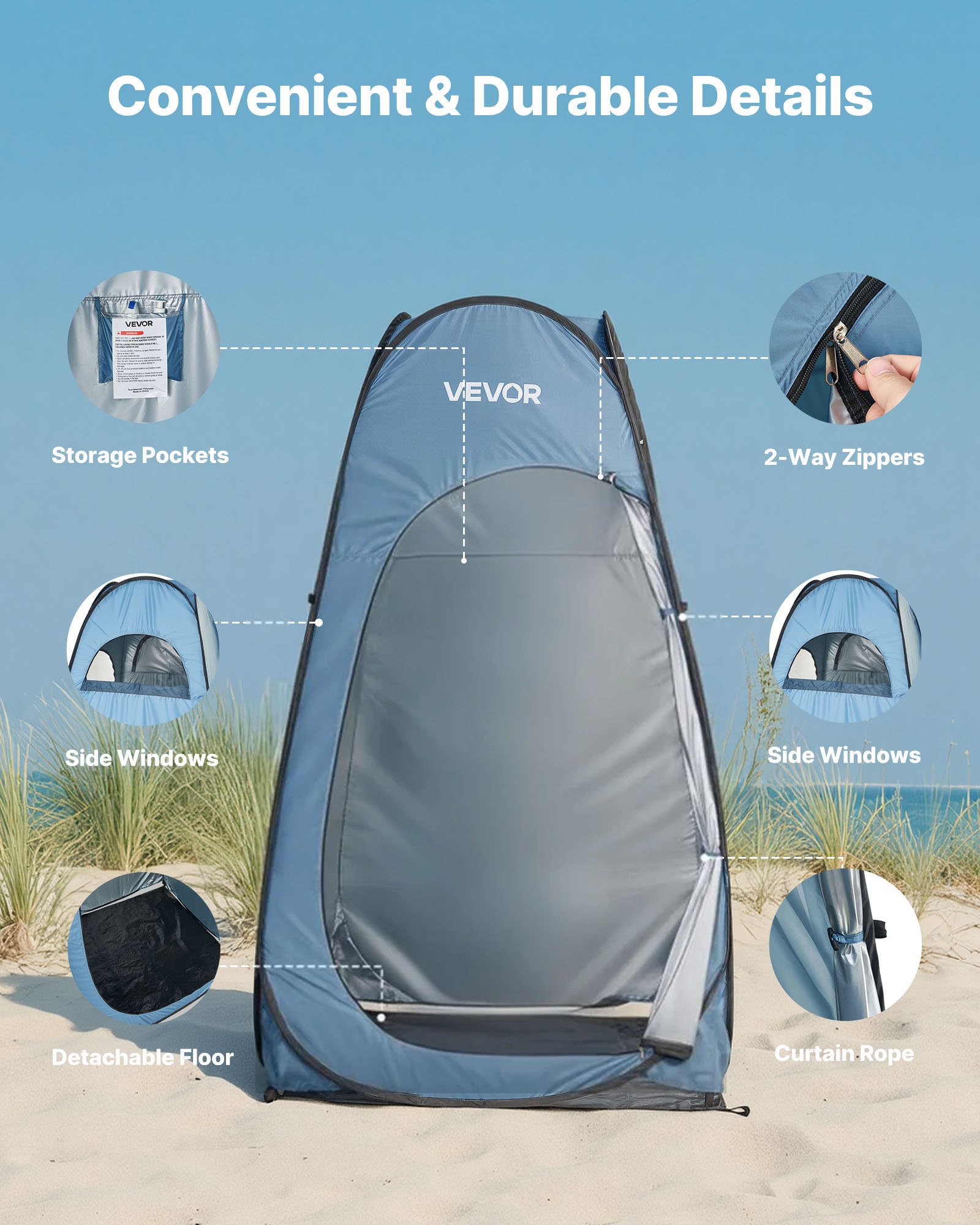 VEVOR Tienda de Privacidad Plegable con Instalación Instantánea y Cambiador, Incluye Piquetas, Cuerdas y Bolsa de Transporte, de Poliéster 190T, para Camping, Playa y Pesca, Azul, 119 x 119 x 210 cm