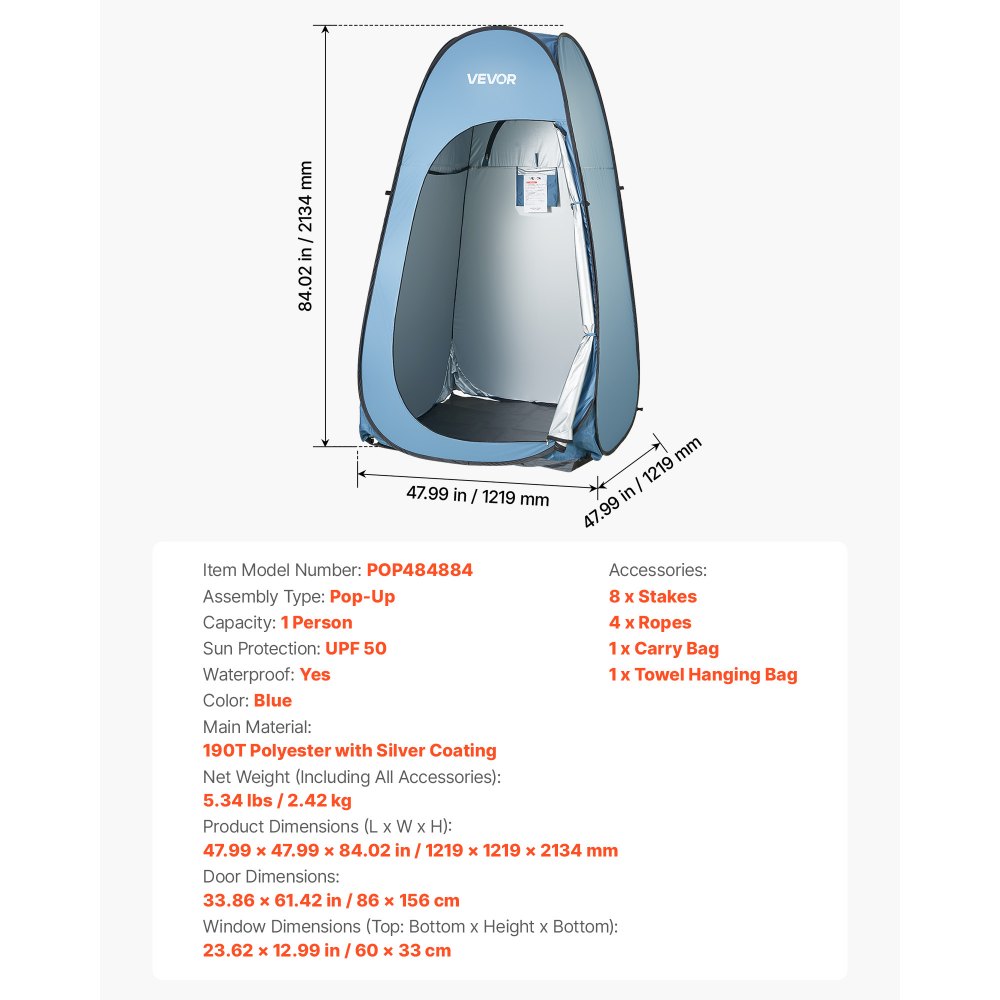 VEVOR Tienda de Privacidad Emergente Impermeable, con Cambiador, Piquetas, Cuerdas, Bolsa de Transporte y Bolsa para Colgar, Poliéster 190T para Camping, Playa y Pesca, Azul, 1219 x 1219 x 2134 mm