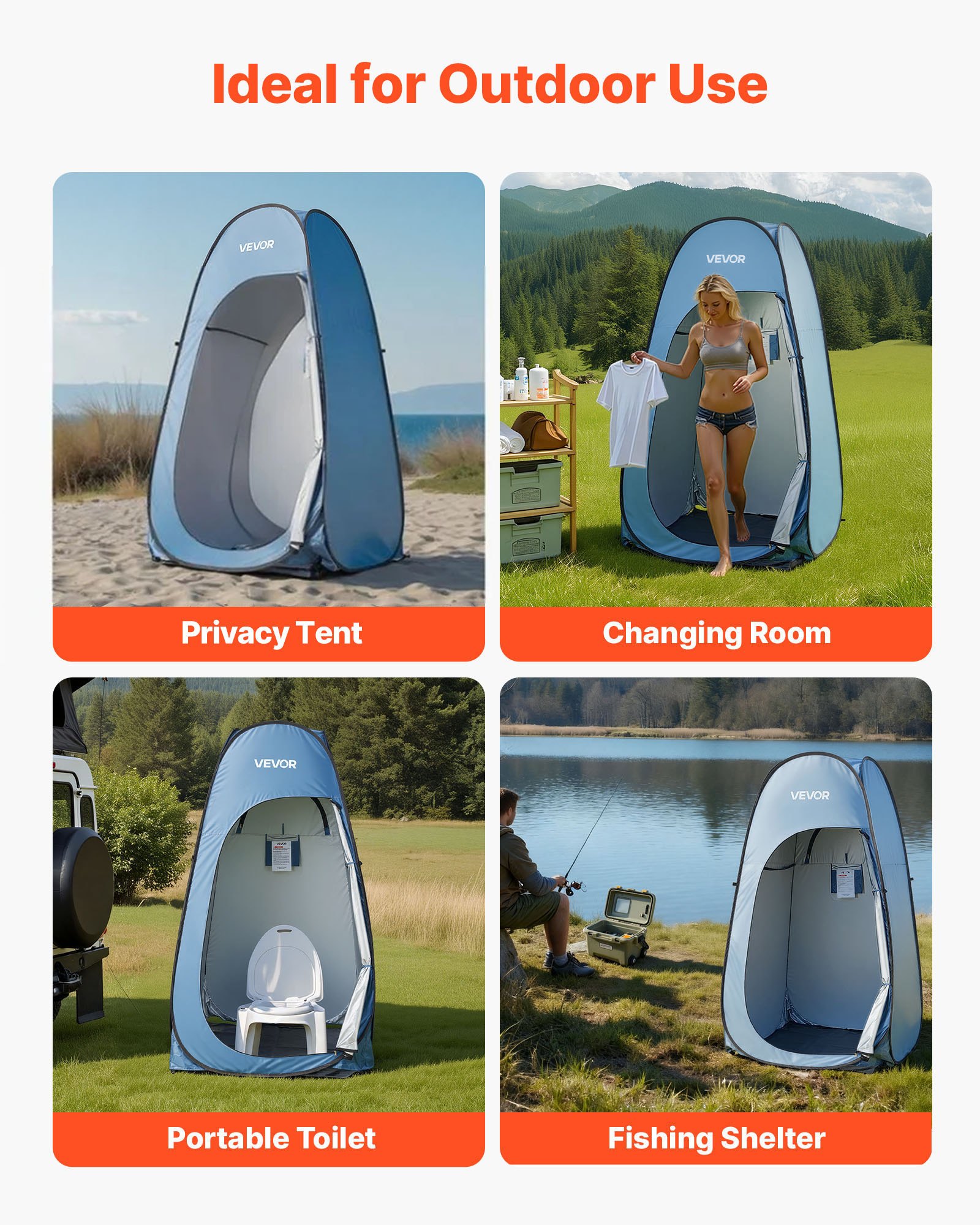 VEVOR Tienda de Privacidad Emergente Impermeable, con Cambiador, Piquetas, Cuerdas, Bolsa de Transporte y Bolsa para Colgar, Poliéster 190T para Camping, Playa y Pesca, Azul, 1219 x 1219 x 2134 mm