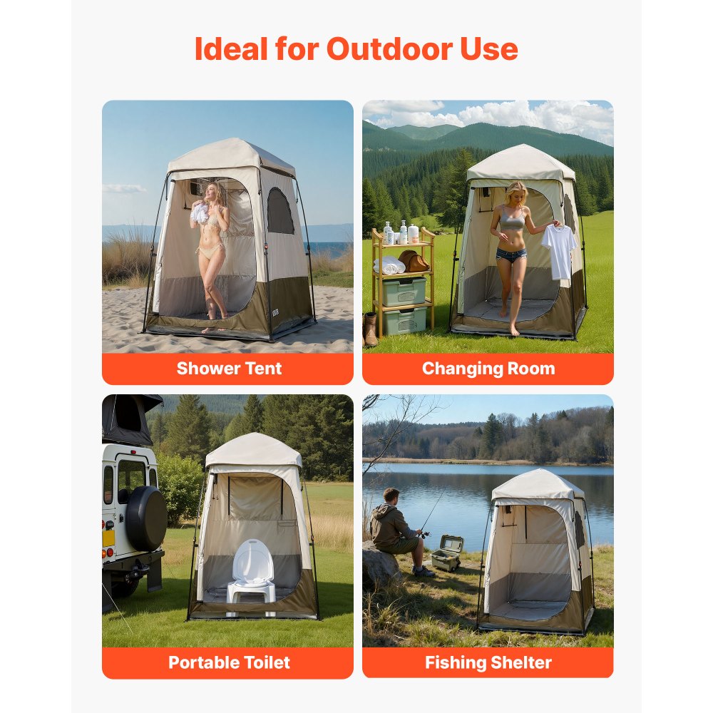 VEVOR Tienda de Campaña de 1 Habitación, con Ducha e Inodoro Impermeable, Cambiador, Piquetas, Cuerdas, Bolsa de Transporte y Travesaño, Fabricada en Tela Oxford 210D, Caqui, 145 x 145 x 215 cm