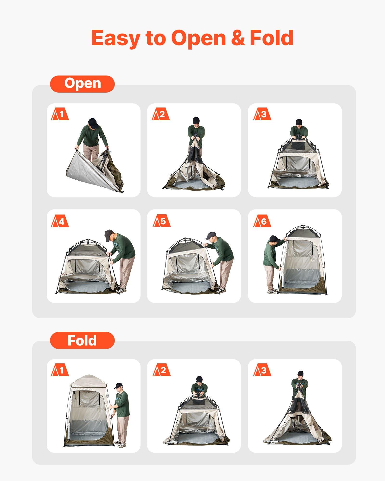 VEVOR Tienda de Campaña de 1 Habitación, con Ducha e Inodoro Impermeable, Cambiador, Piquetas, Cuerdas, Bolsa de Transporte y Travesaño, Fabricada en Tela Oxford 210D, Caqui, 145 x 145 x 215 cm