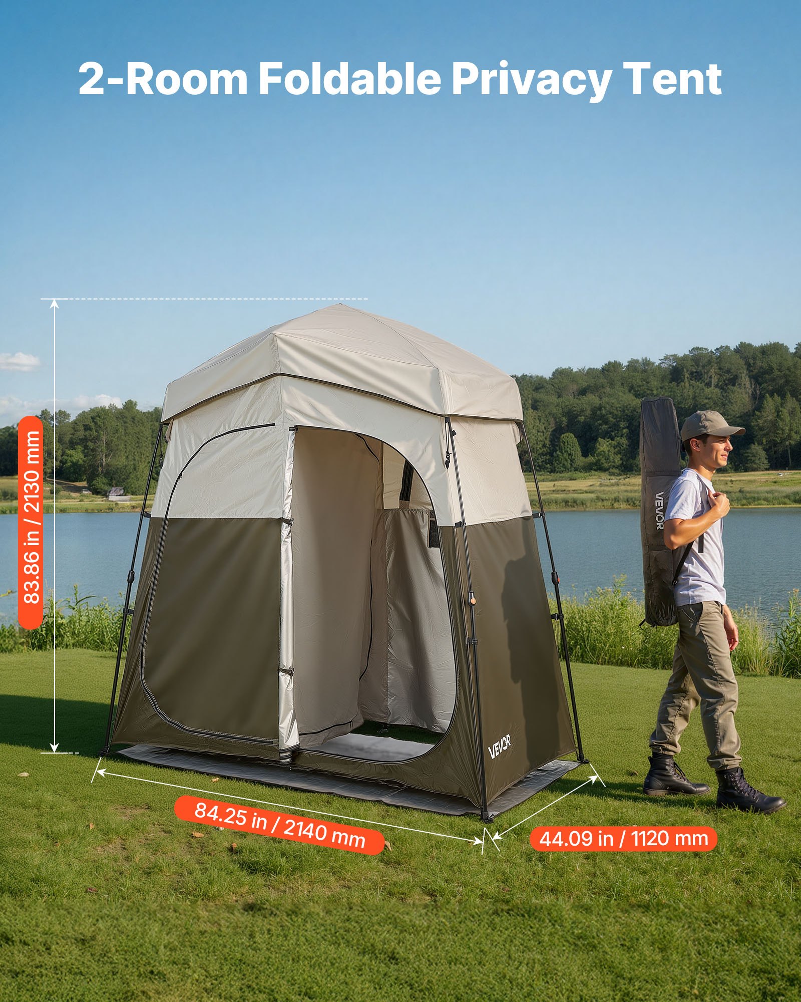 VEVOR Tienda de Ducha con Mampara y 2 Compartimentos, con Piquetas, Cuerdas y Bolsa de Transporte, Fabricada en Tejido Oxford 150D, Ideal para Acampar, Pescar en la Playa, 2140 x 1120 x 2130 mm