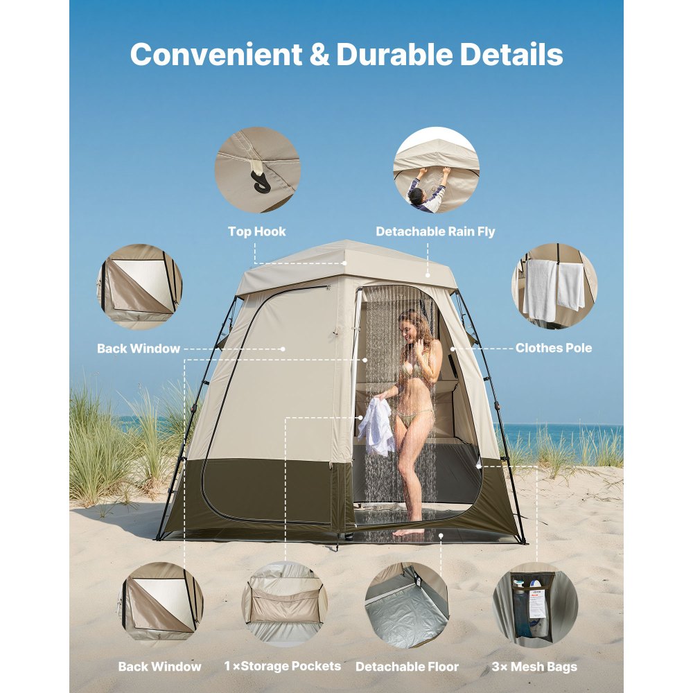 VEVOR Tienda de Campaña con Ducha y Baño, con Mampara de Privacidad y Cambiador, con Piquetas, Cuerdas, Bolsa de Transporte y Barra Transversal, para Camping, Playa, Caqui, 2500 x 1220 x 2180 mm