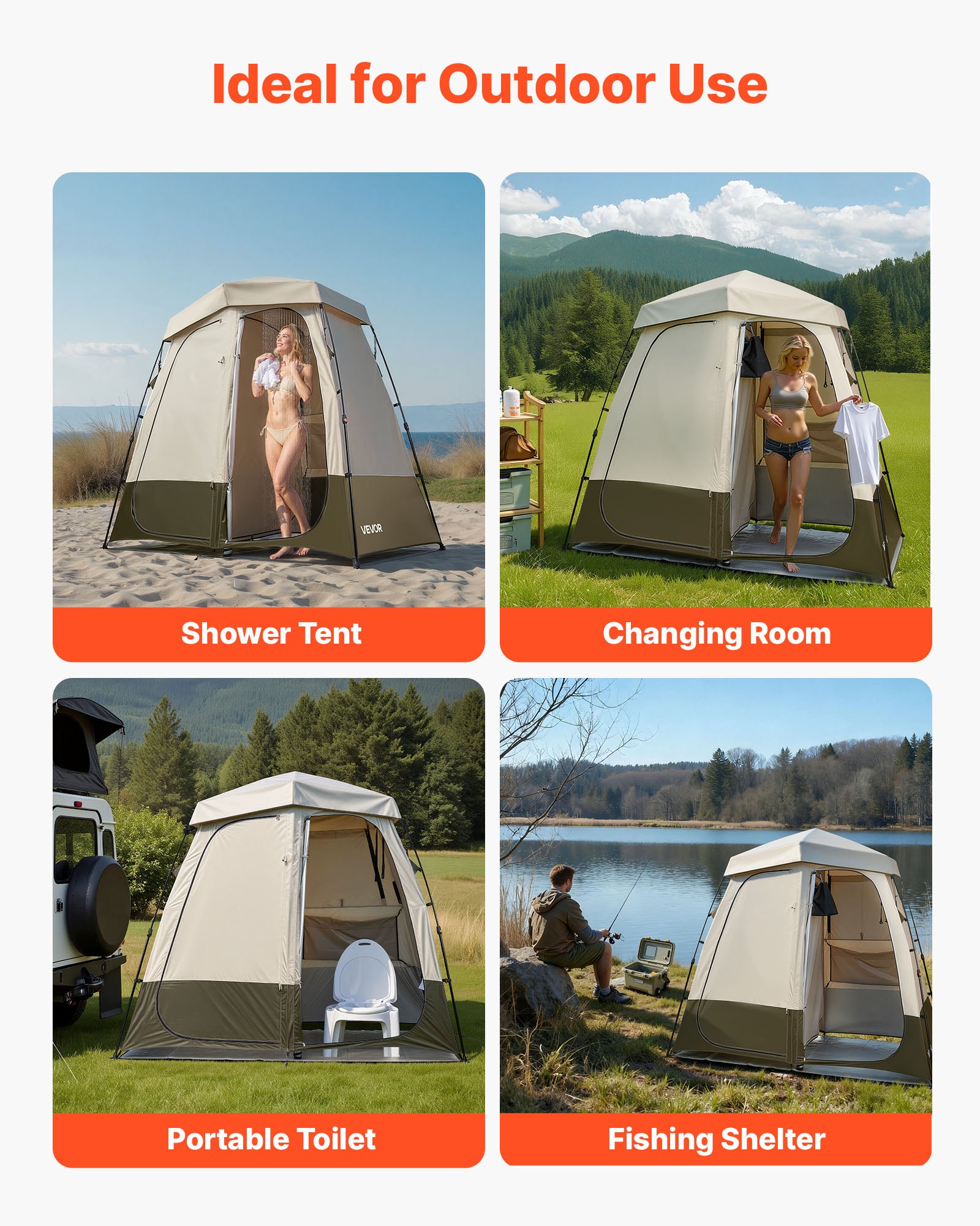 VEVOR Tienda de Campaña con Ducha y Baño, con Mampara de Privacidad y Cambiador, con Piquetas, Cuerdas, Bolsa de Transporte y Barra Transversal, para Camping, Playa, Caqui, 2500 x 1220 x 2180 mm