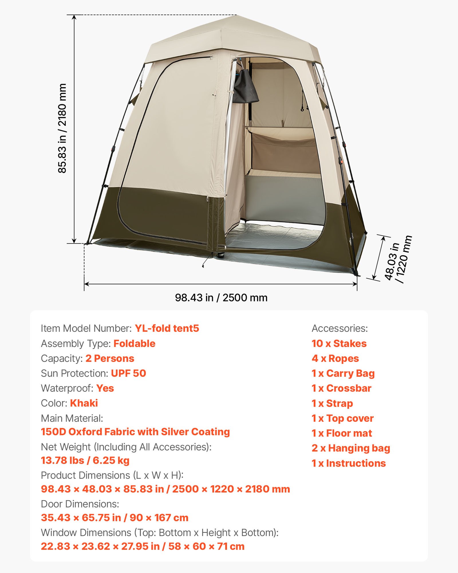 VEVOR Tienda de Campaña con Ducha y Baño, con Mampara de Privacidad y Cambiador, con Piquetas, Cuerdas, Bolsa de Transporte y Barra Transversal, para Camping, Playa, Caqui, 2500 x 1220 x 2180 mm