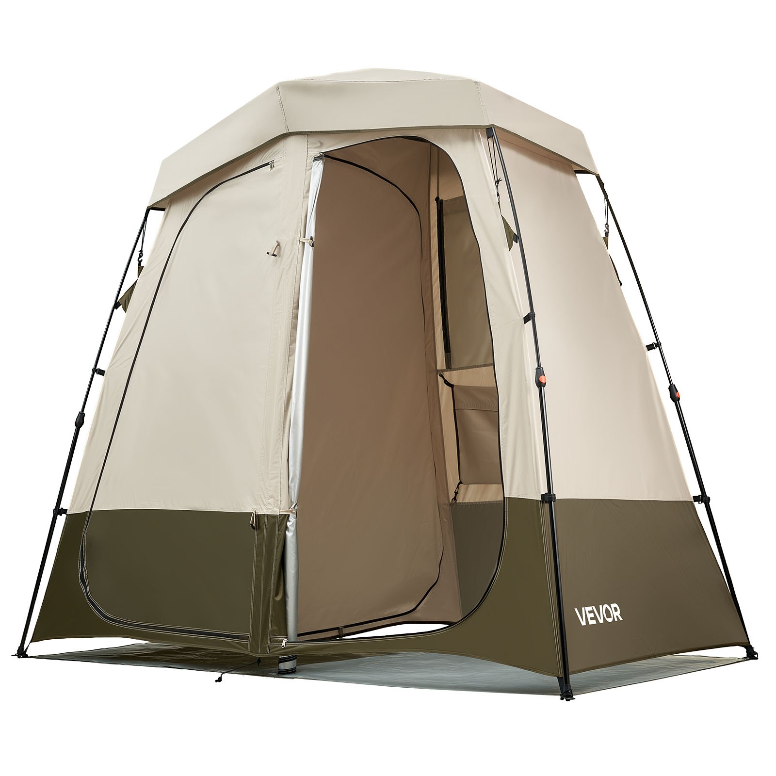 VEVOR Tienda de Campaña con Ducha y Baño, con Mampara de Privacidad y Cambiador, con Piquetas, Cuerdas, Bolsa de Transporte y Barra Transversal, para Camping, Playa, Caqui, 2500 x 1220 x 2180 mm