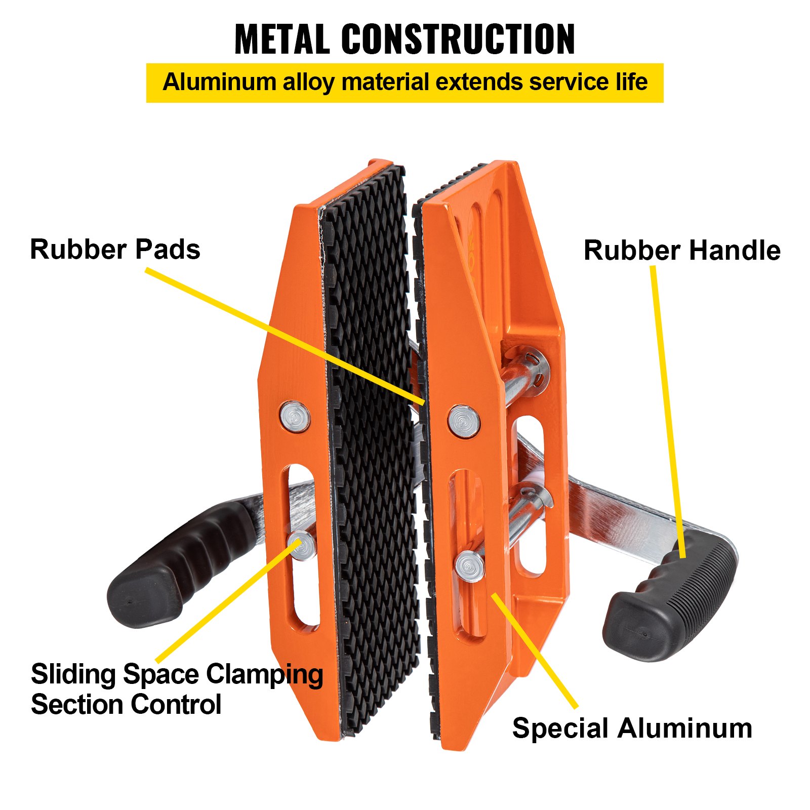 Abrazaderas de transporte de piedras VEVOR de color naranja con almohadillas de goma y asas para un agarre seguro y construcción de aluminio.