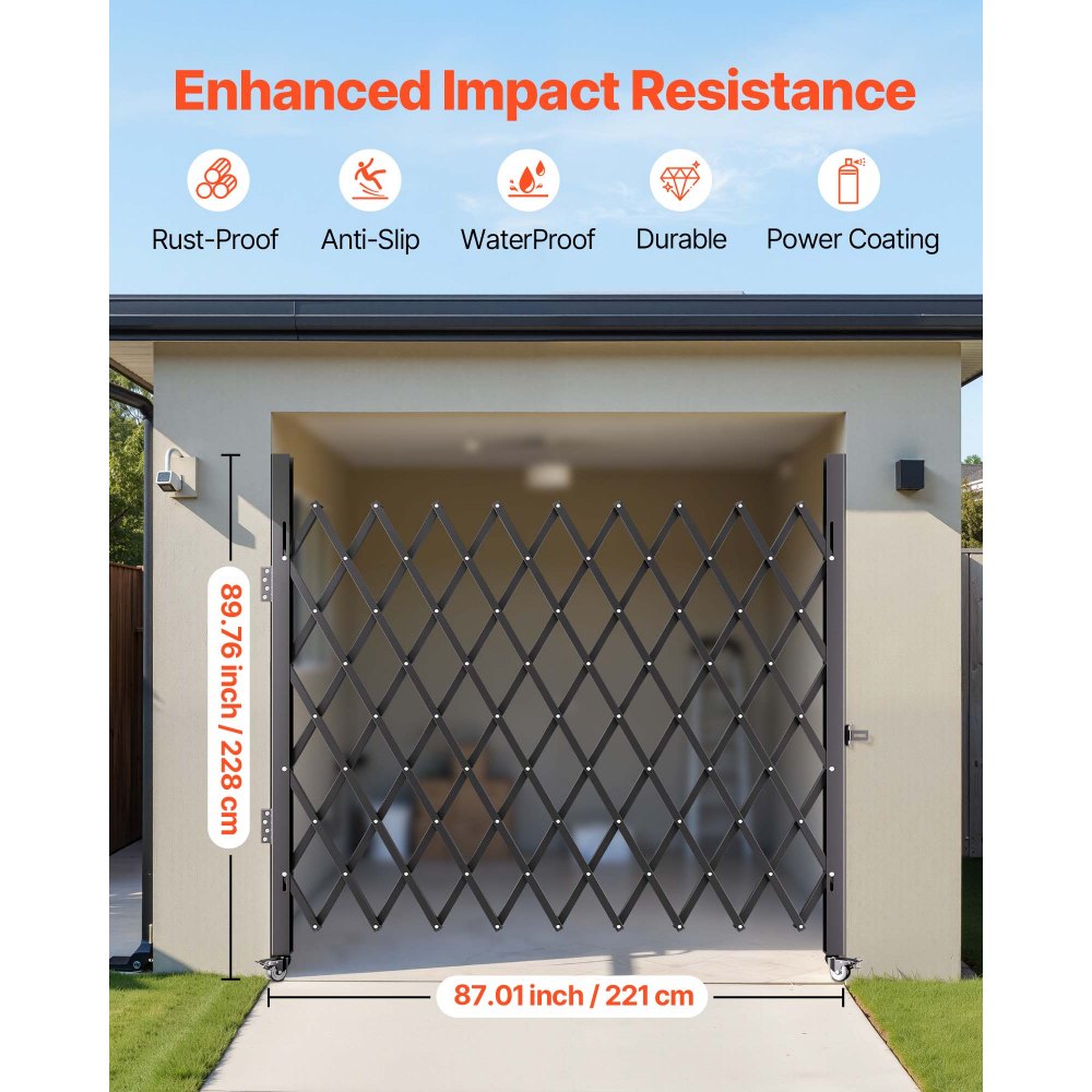 VEVOR Barrera de seguridad extensible plegable individual 2,4 x 2,16 m valla de escalera de acero enrollable 360° puerta de tijera o puerta con candado para garaje del sótano de casa, negro