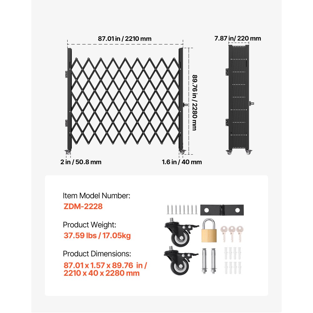 VEVOR Barrera de seguridad extensible plegable individual 2,4 x 2,16 m valla de escalera de acero enrollable 360° puerta de tijera o puerta con candado para garaje del sótano de casa, negro