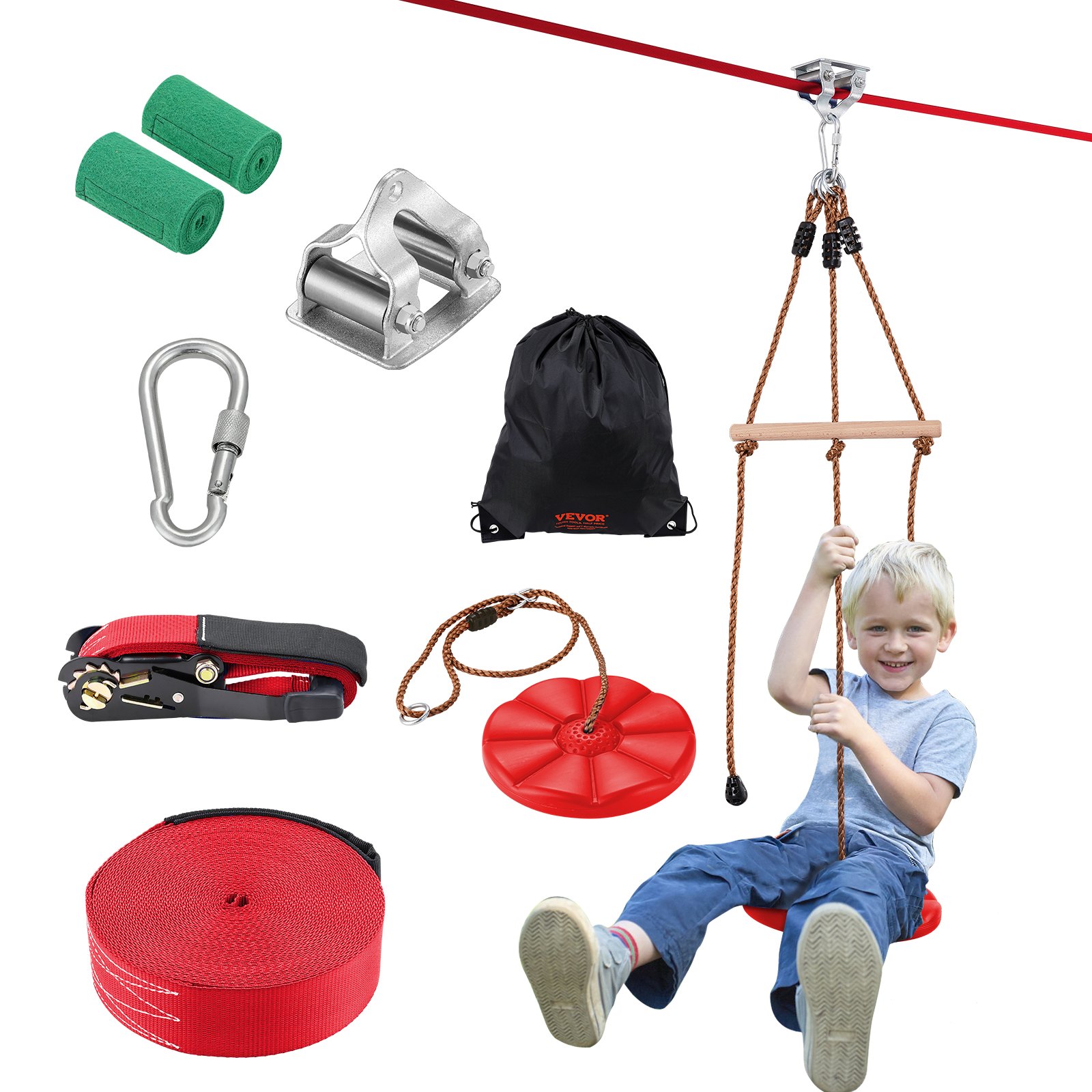 VEVOR Zipline Set for Kids & Adults, 20m Zipline Sets up to 150kg, Outdoor Zip Lines for Backyard Use, Playground Entertainment with Zipline, Nylon Safety Harness & Accessory Set